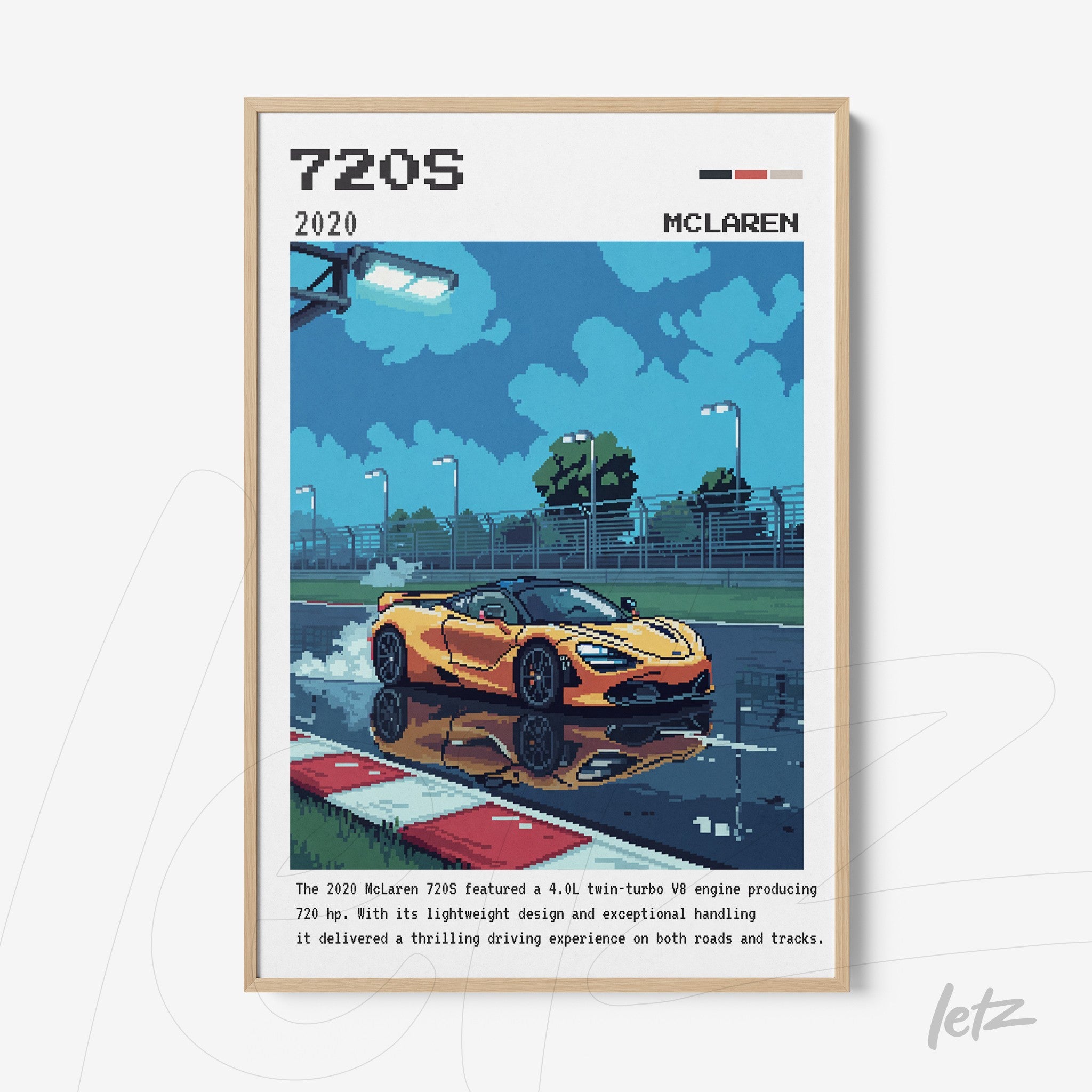 pixel art framed print of a yellow McLaren 720S on a wet track with reflections, light wooden frame