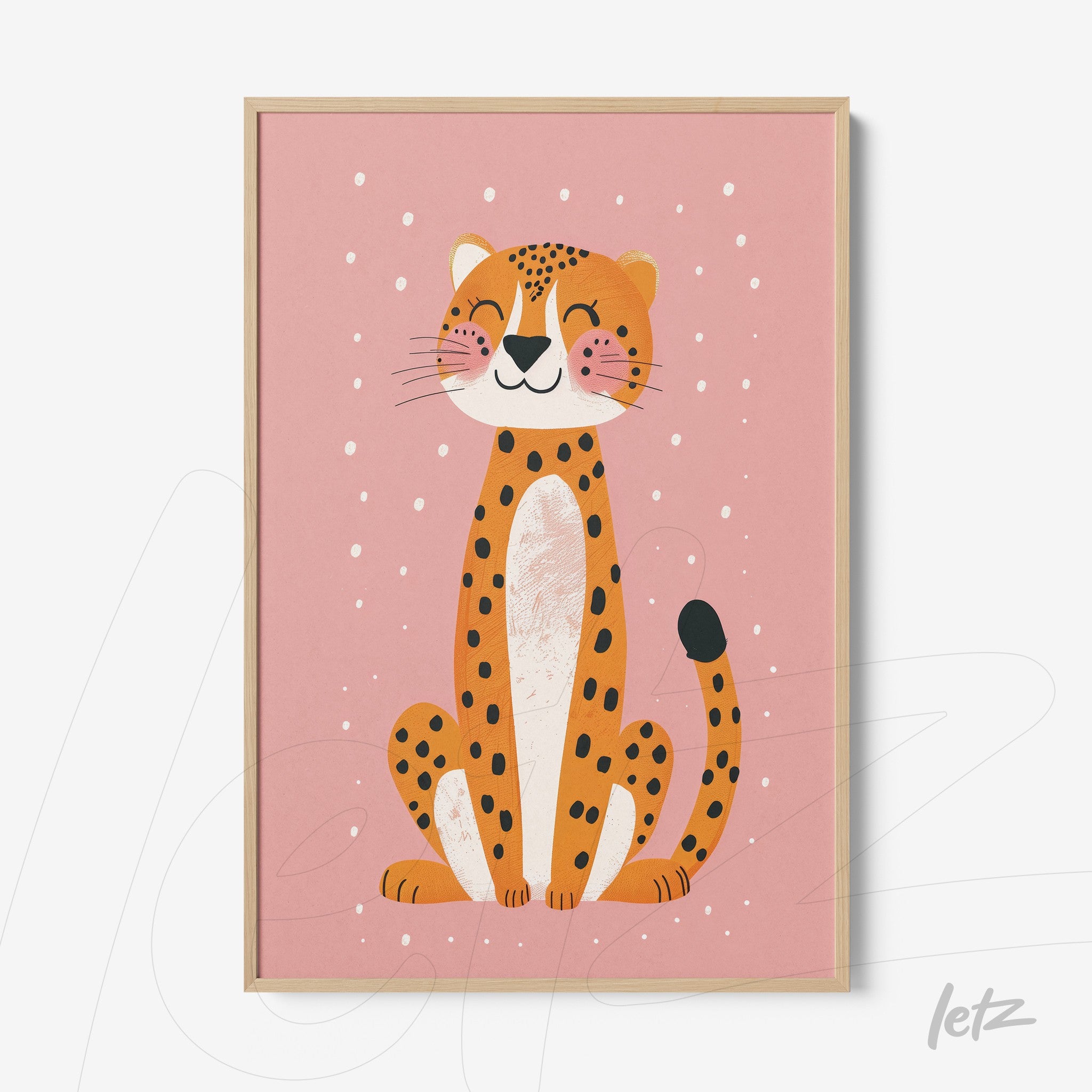 framed illustration of a smiling leopard on a pink background with light frame