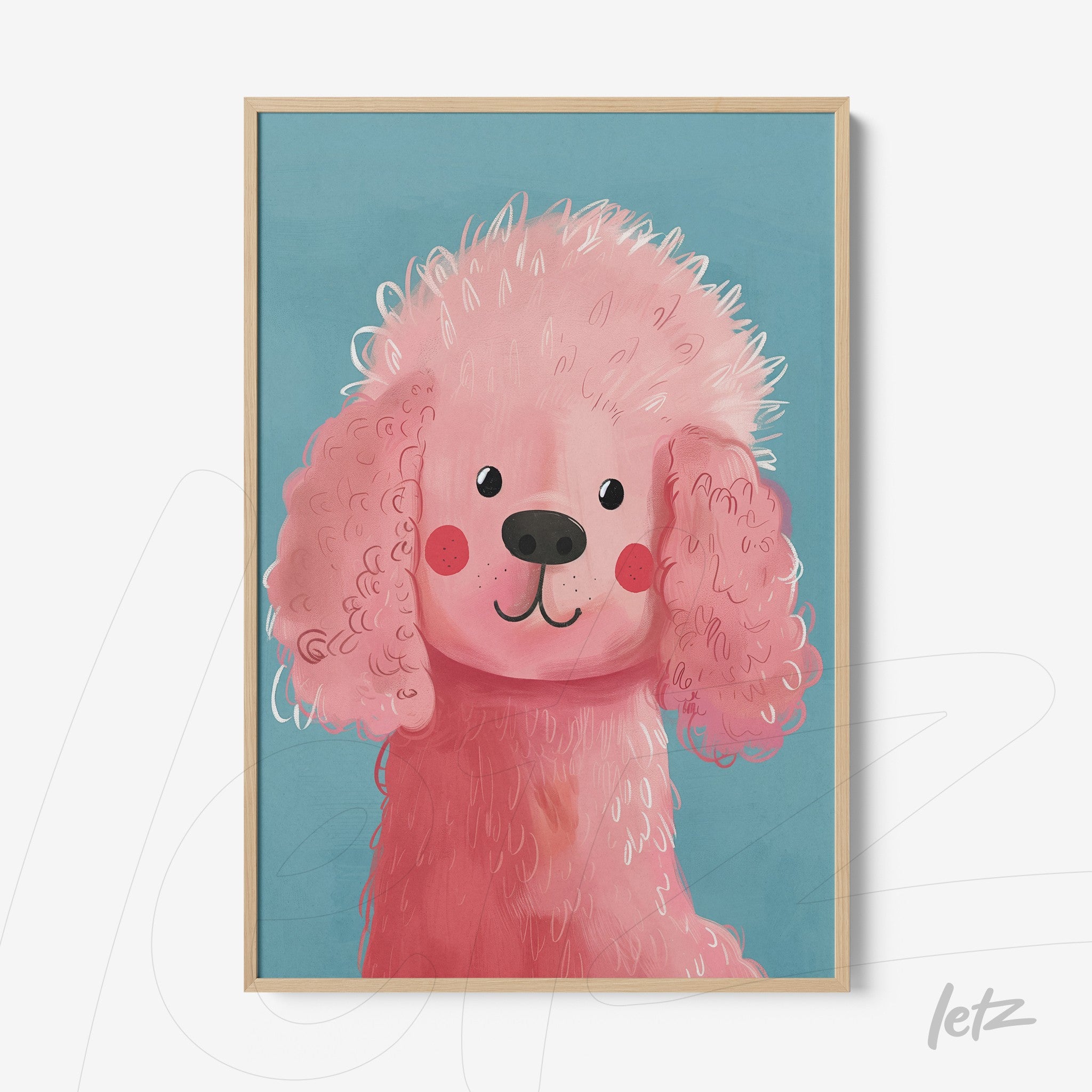 framed artwork of a pink poodle illustration against a blue background with light wood frame