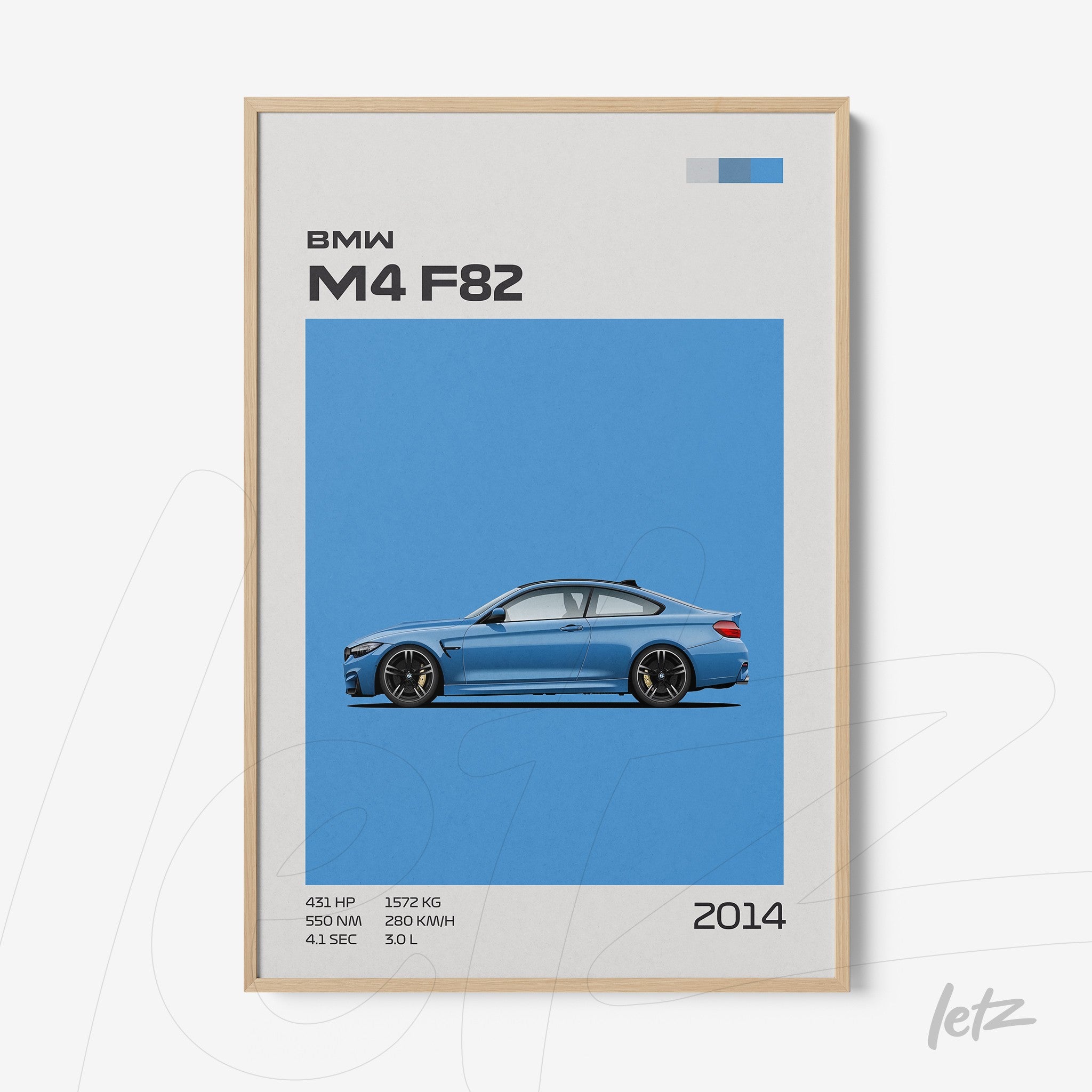 framed illustration of BMW M4 F82 car with bright blue background and technical specifications details