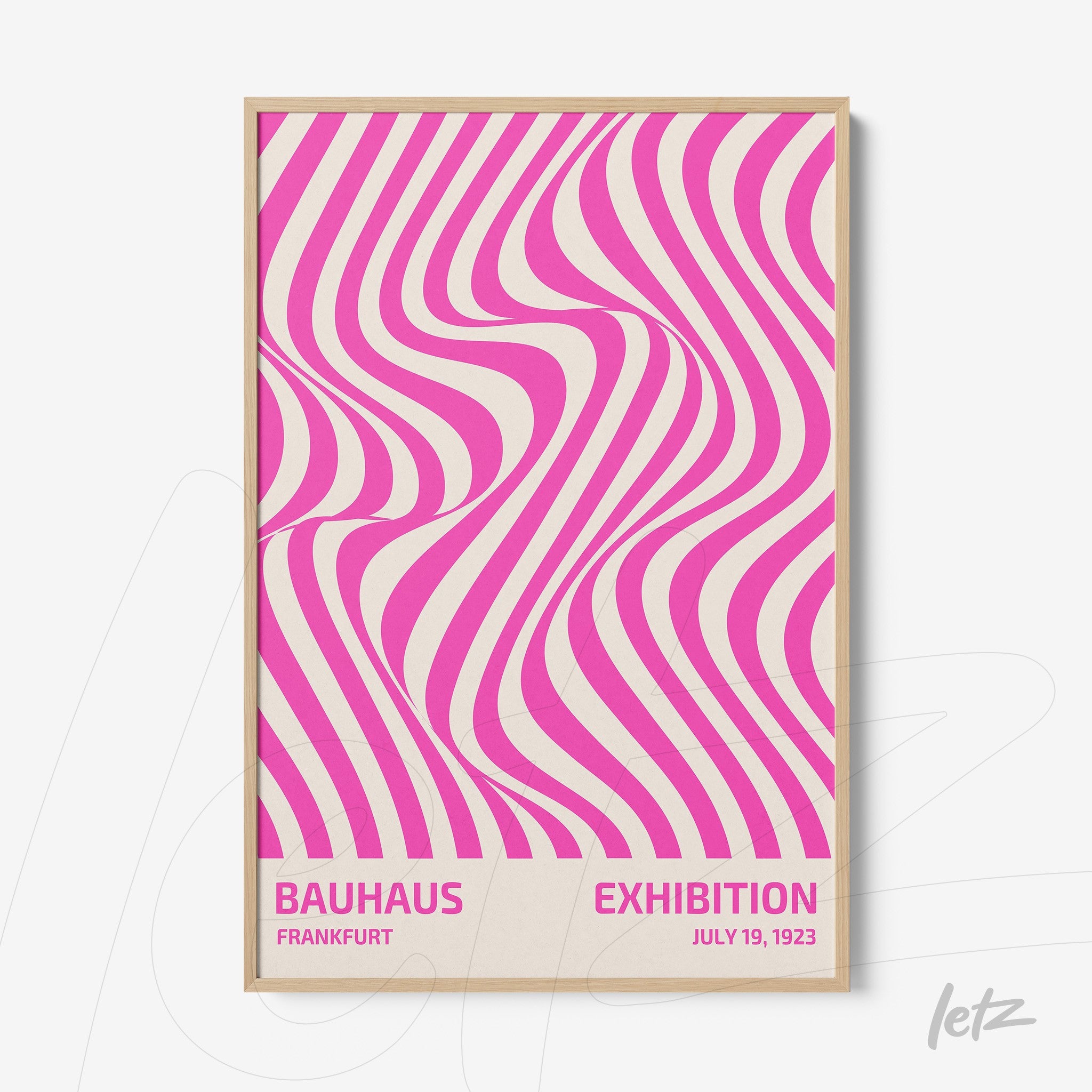 poster featuring pink wavy geometric lines on a beige background with a light frame