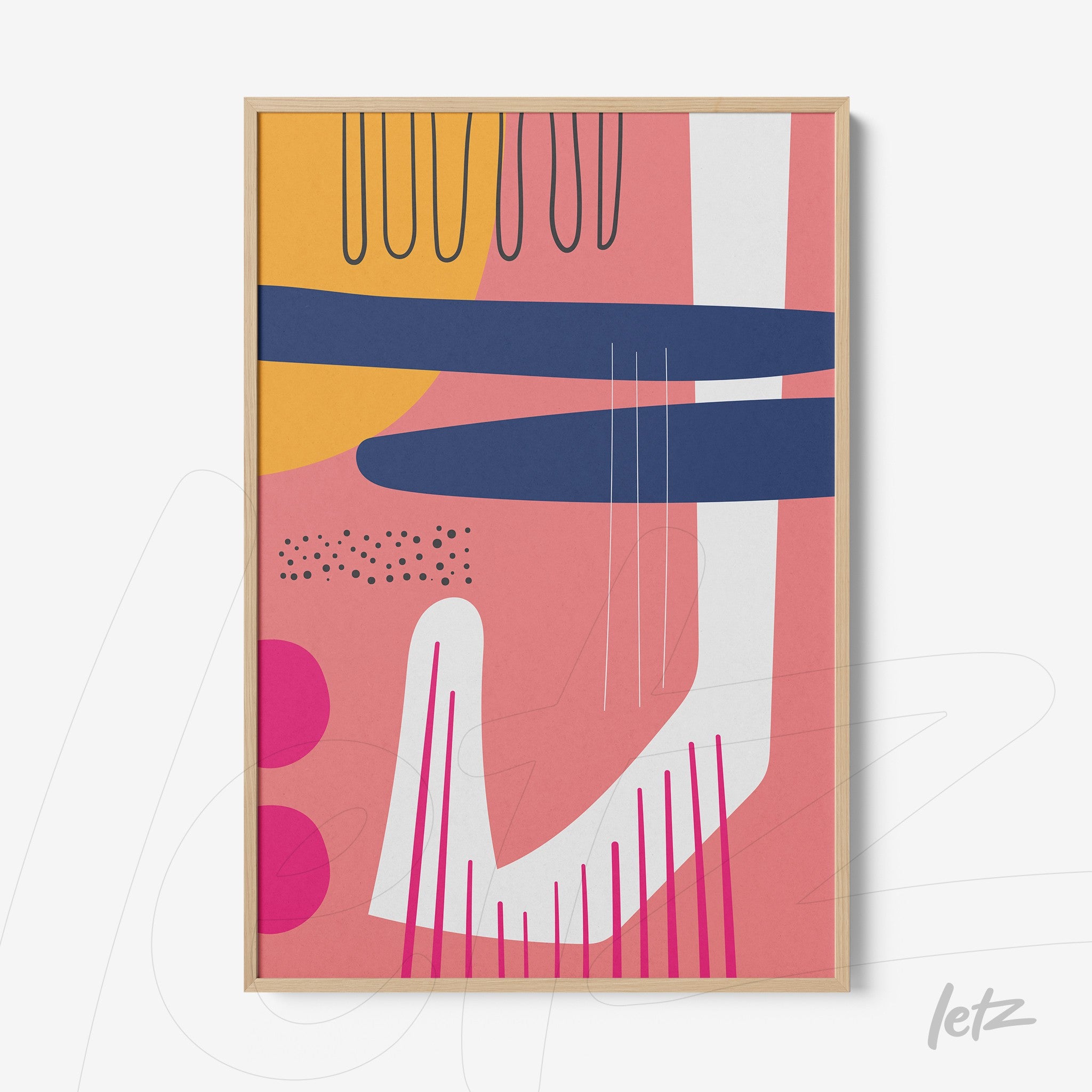 quadro moderno com arte abstrata em tons boho com moldura natural, apresentando formas geométricas em azul, amarelo e rosa