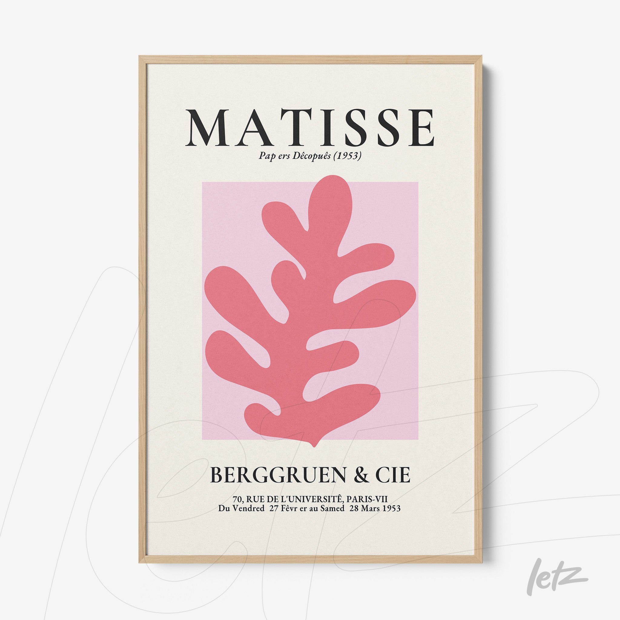 framed modern art print with a light background featuring abstract pink foliage and large text at the top