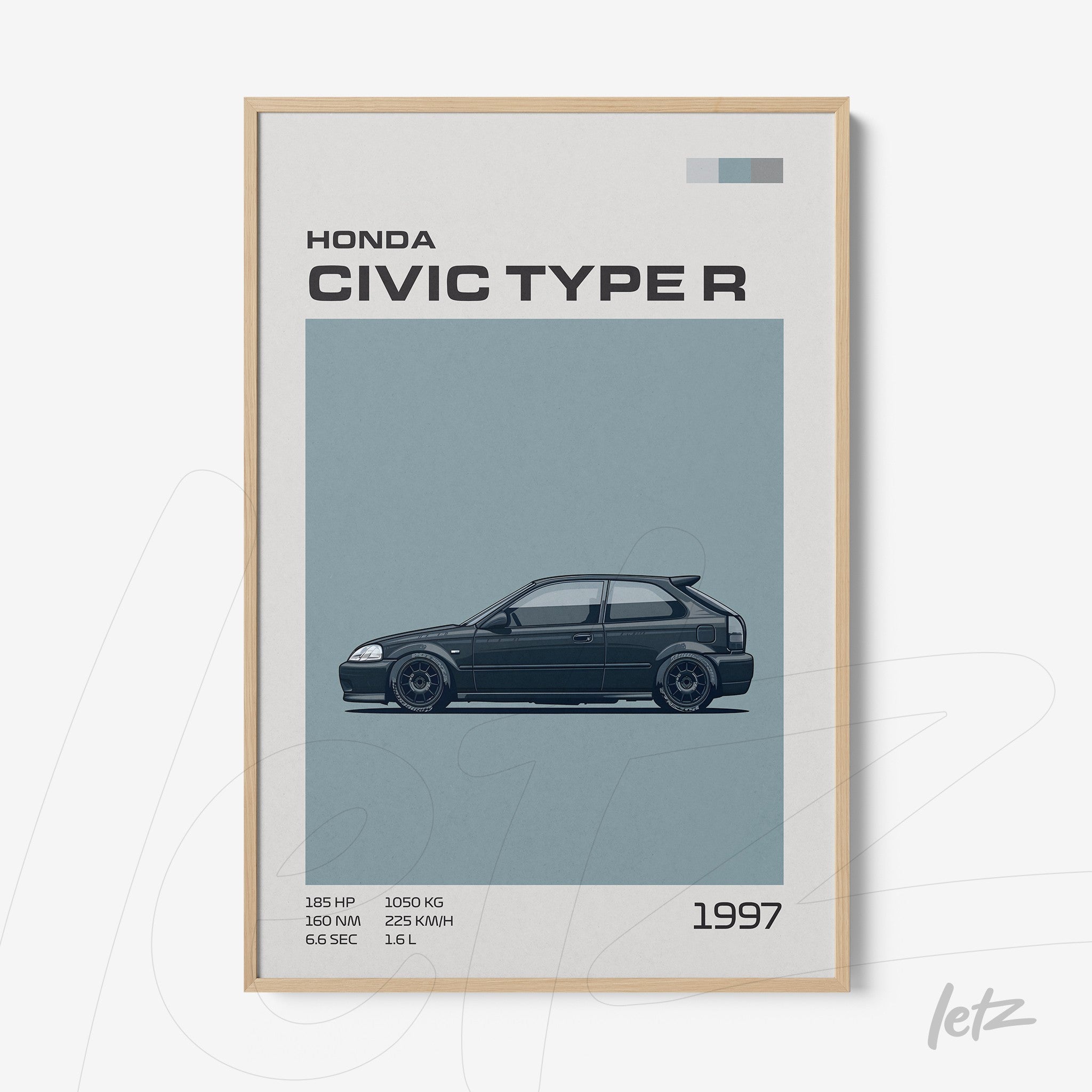 minimalist art print of the 1997 Honda Civic Type R in a light wood frame with a gray background
