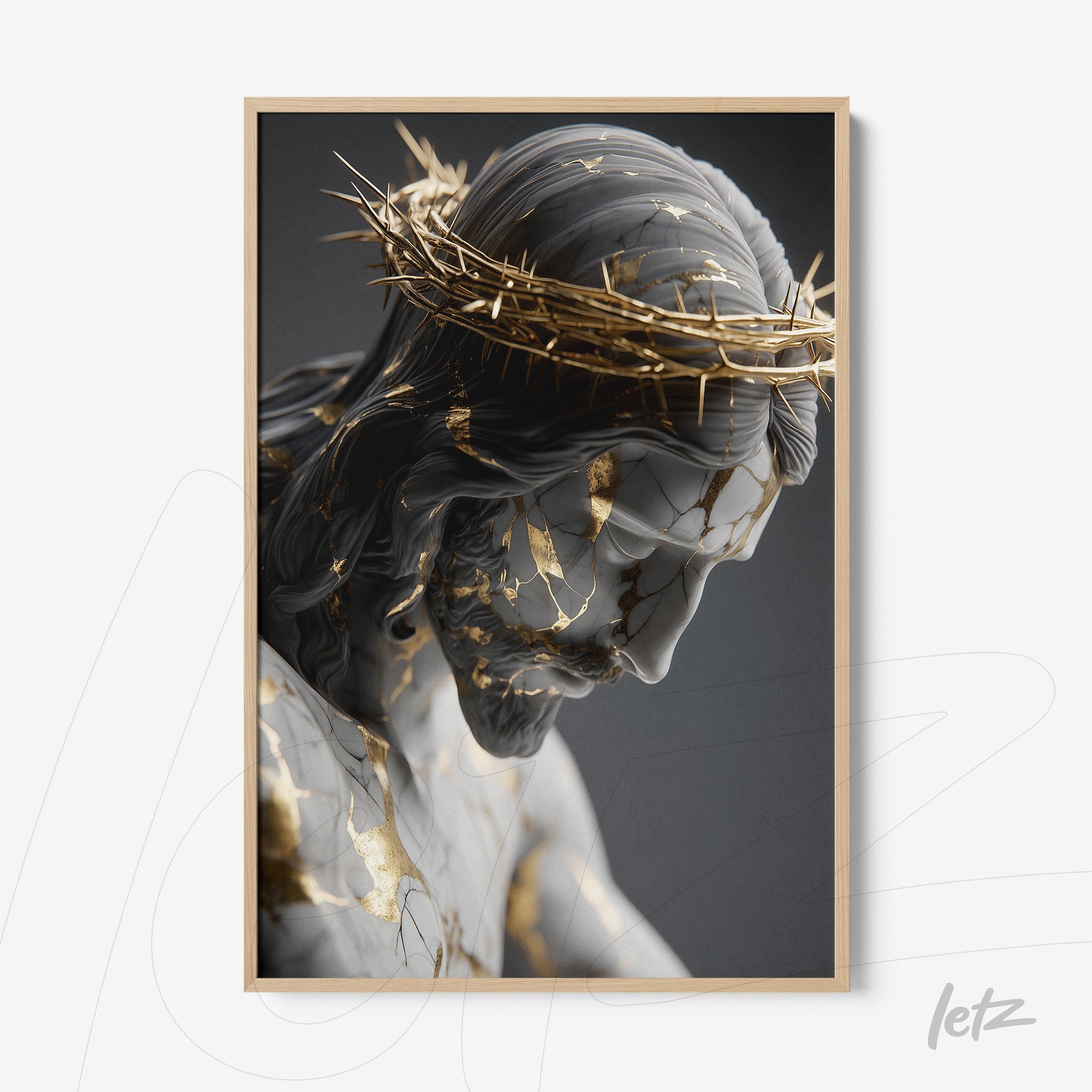 digital art framed print of Christ with thorns crown in golden details against a dark background, light frame