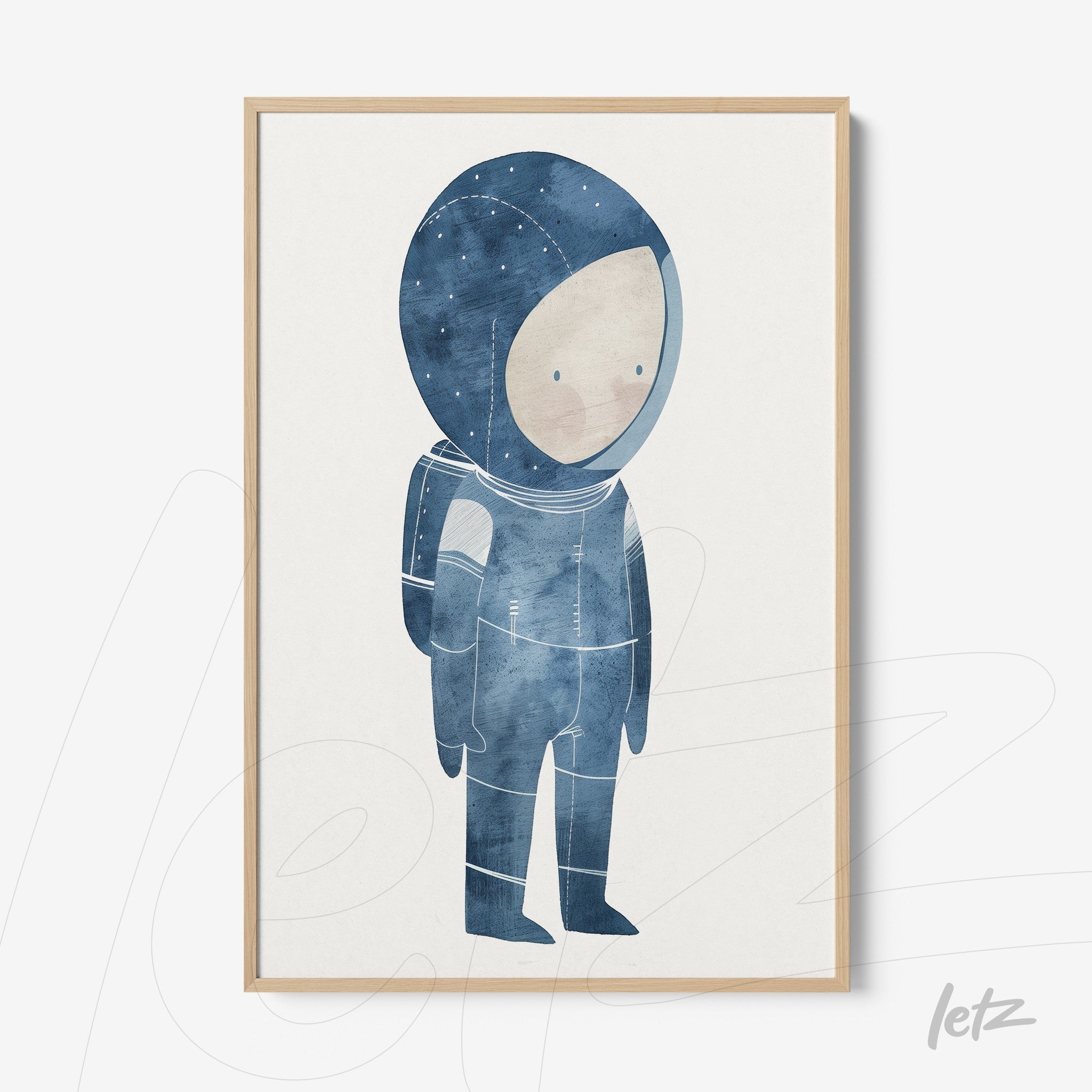 framed artwork featuring a blue-toned illustration of an astronaut with a light wood frame