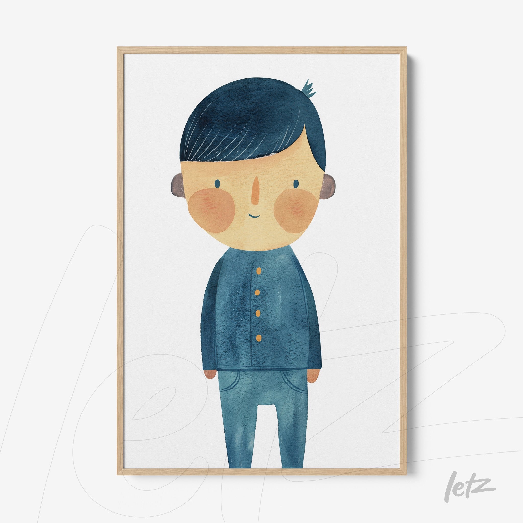 framed wall art featuring a children's illustration of a boy with blue hair and blue shirt in light wood frame