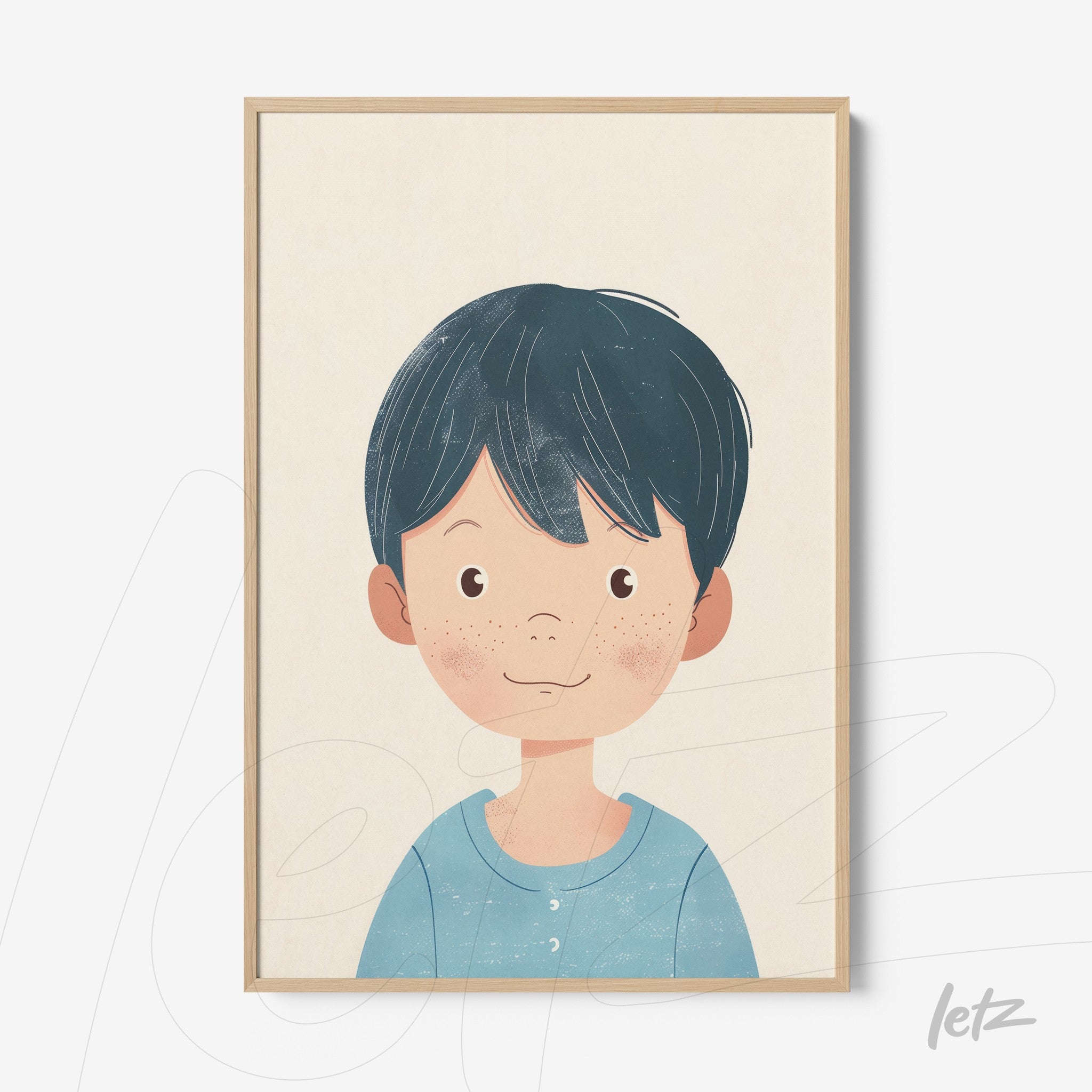 framed illustration of a smiling boy with black hair wearing a blue shirt