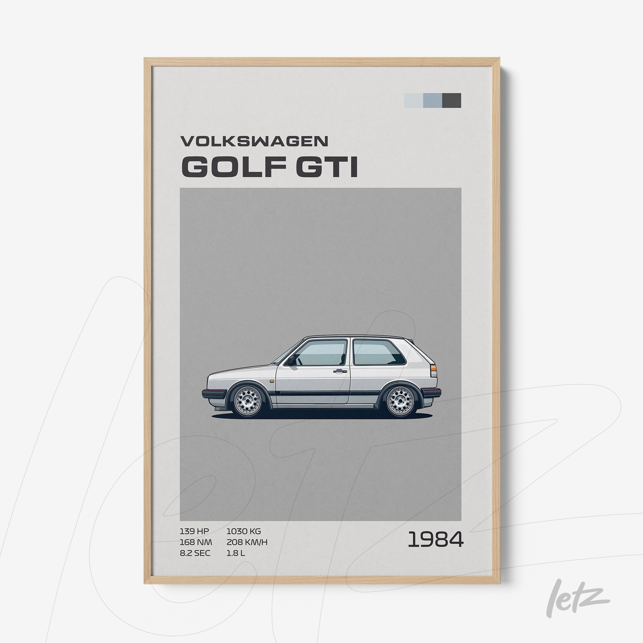 framed wall art featuring an illustration of the 1984 Volkswagen Golf GTI with a light wood frame and neutral background