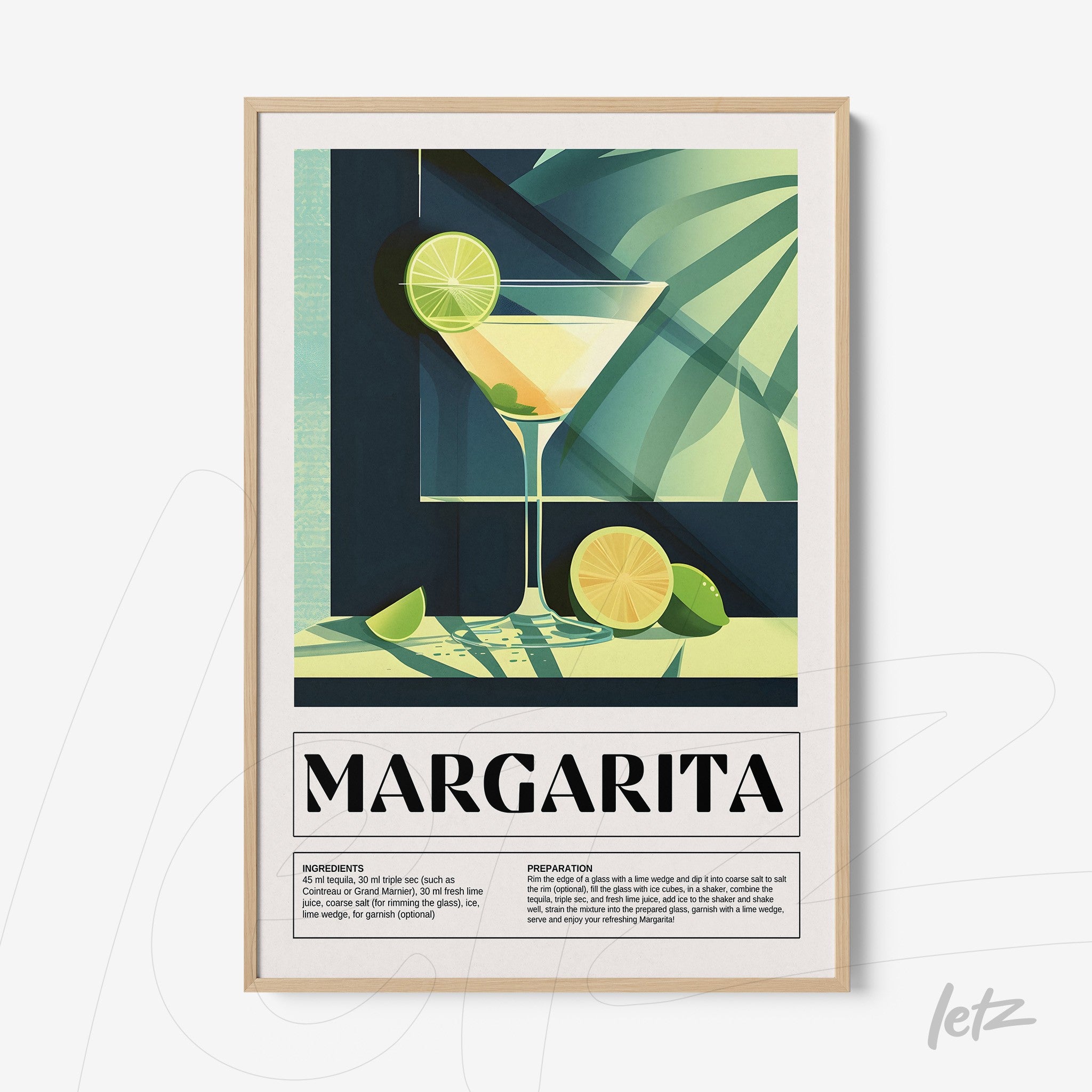 framed artwork of margarita cocktail in glass with sliced limes on a shadowed background, light wood frame