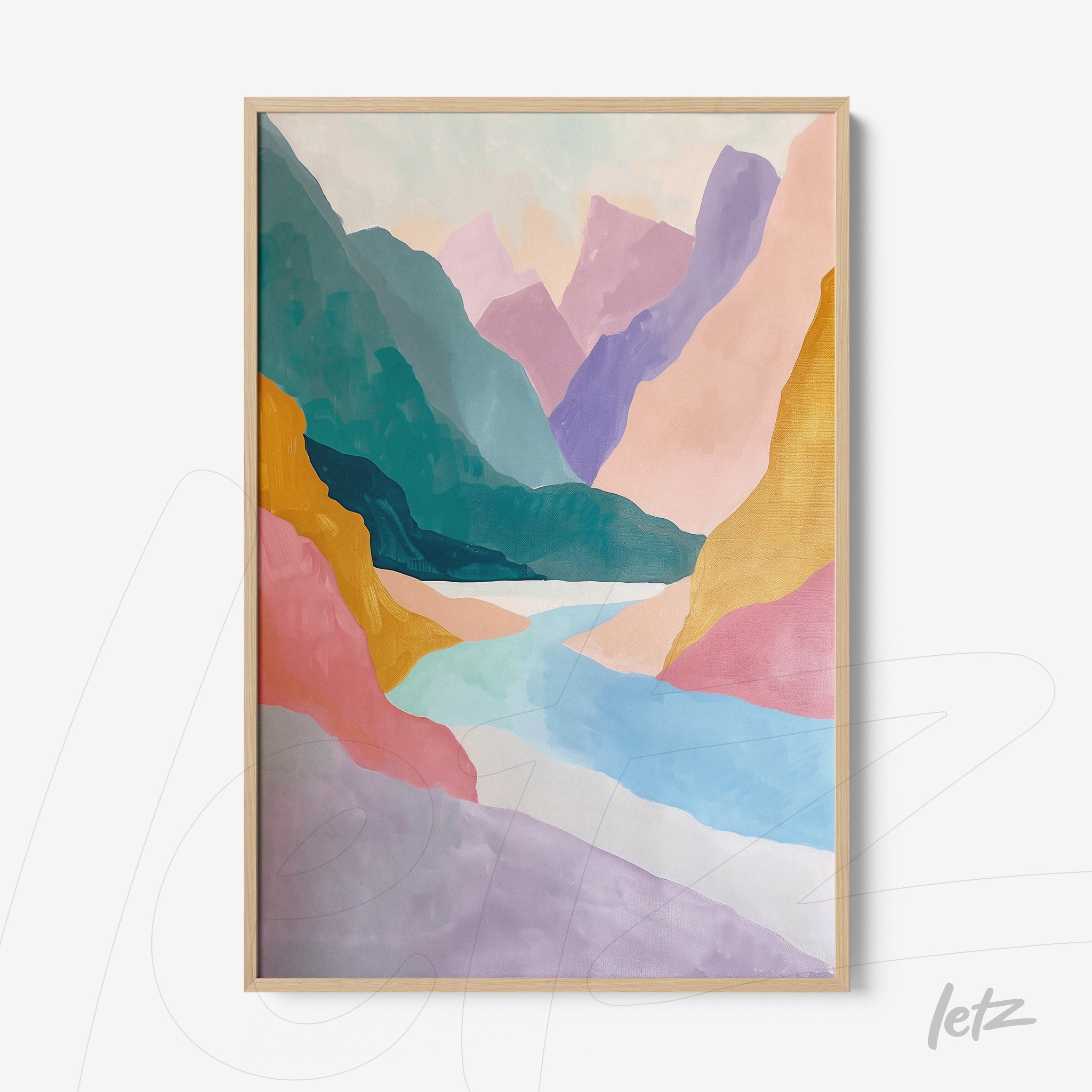 framed artwork featuring abstract mountainous landscape in light wooden frame