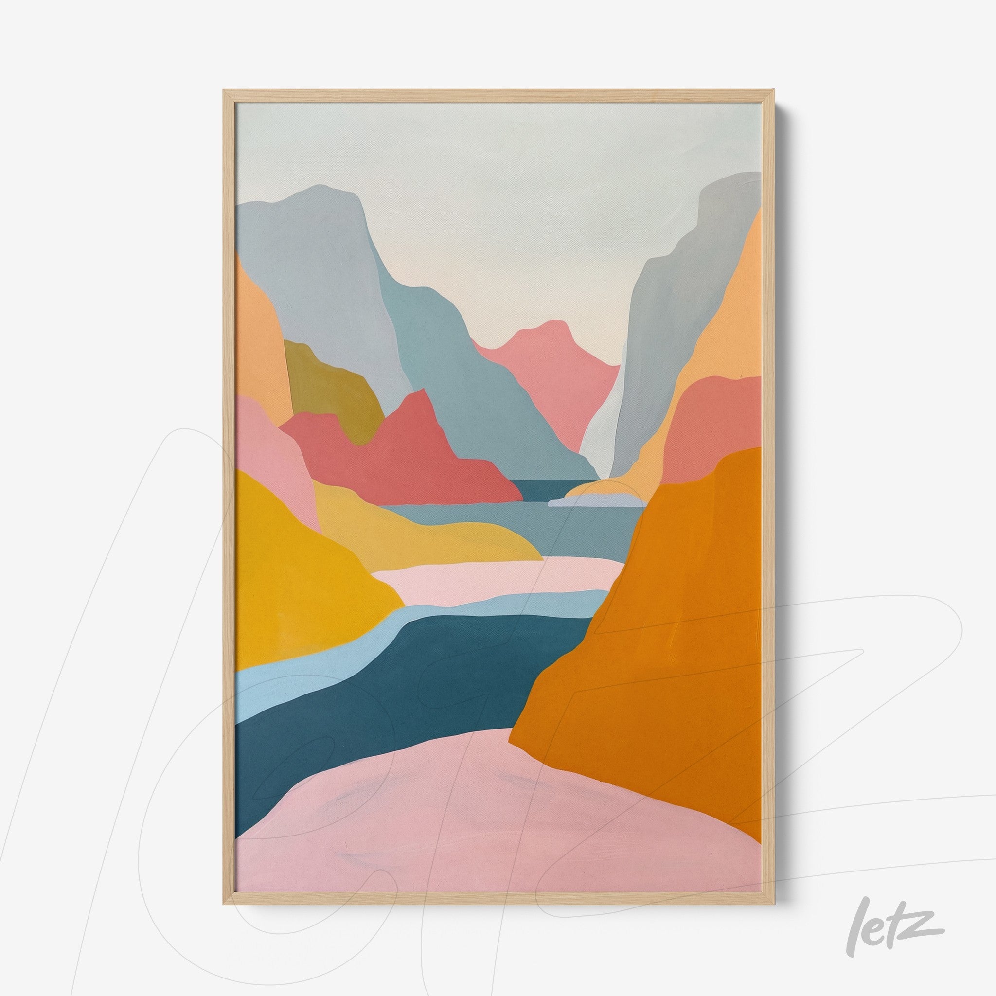 abstract art print featuring colorful mountains in shades of pink, blue, orange, and green within a light wooden frame