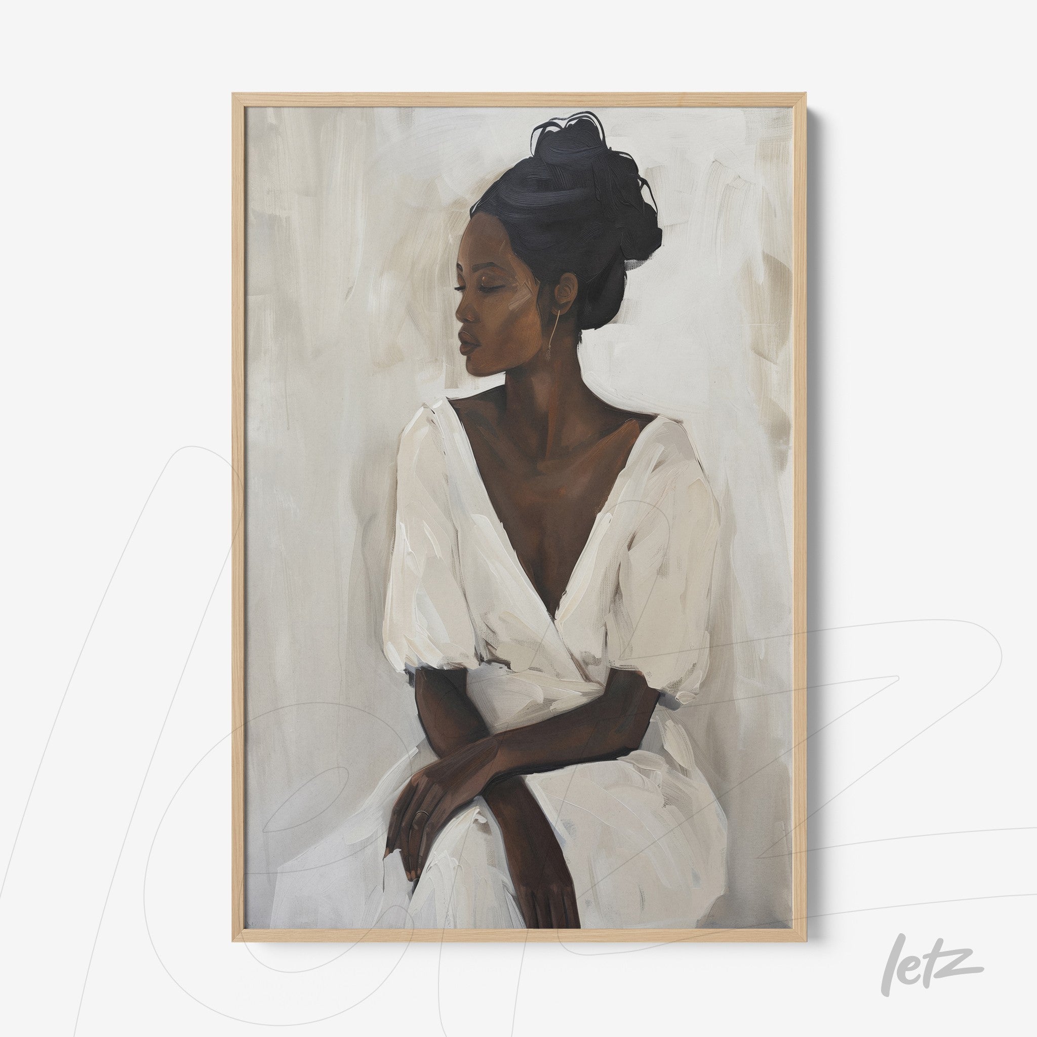 framed portrait of a black woman in a white dress, featuring a neutral background and light wood frame
