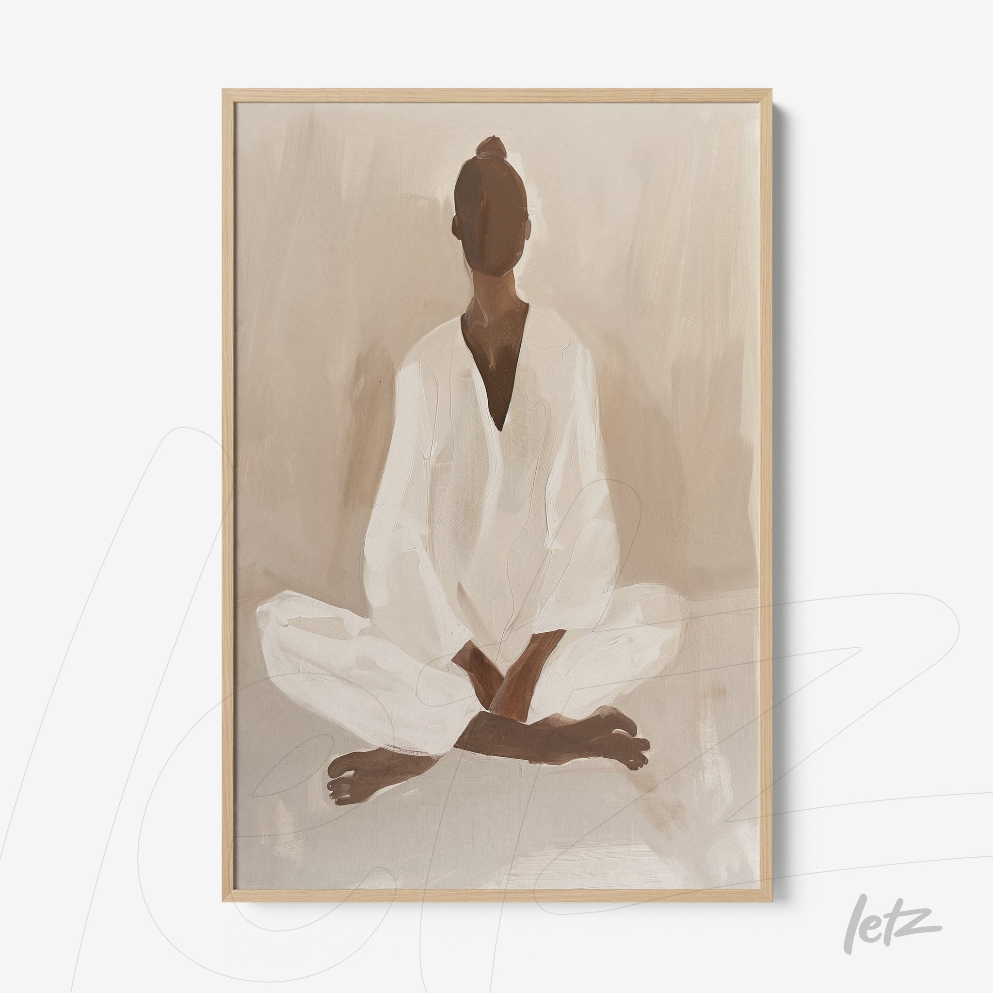 framed minimalist art of a seated female figure meditating in neutral tones