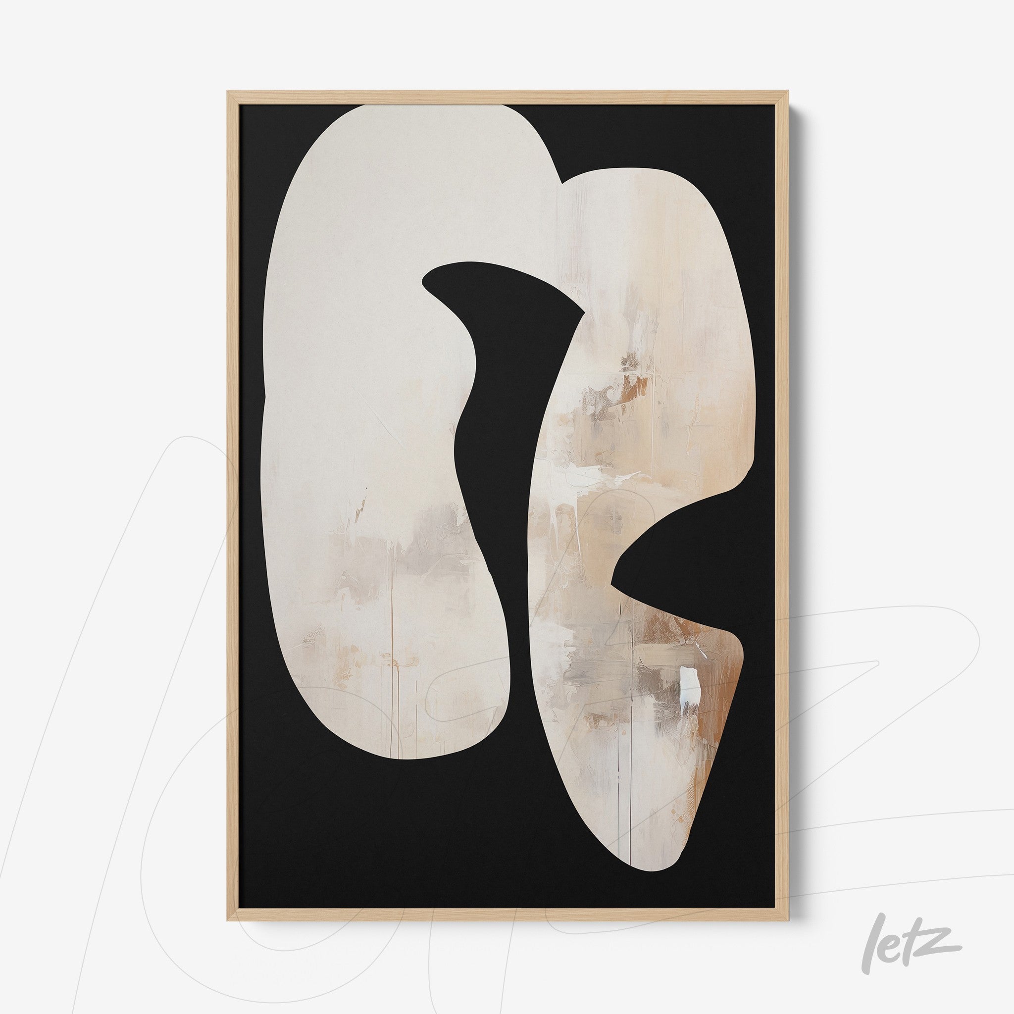 abstract wall art featuring organic shapes in neutral tones with light wood frame
