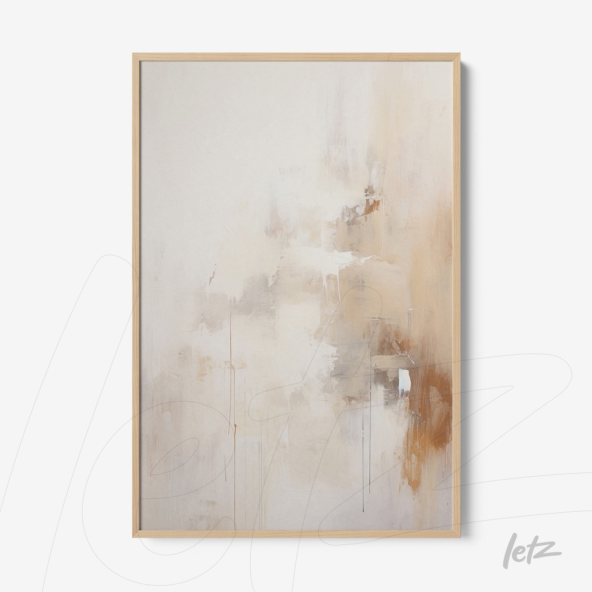 abstract wall art in neutral tones with soft textures in light wood frame