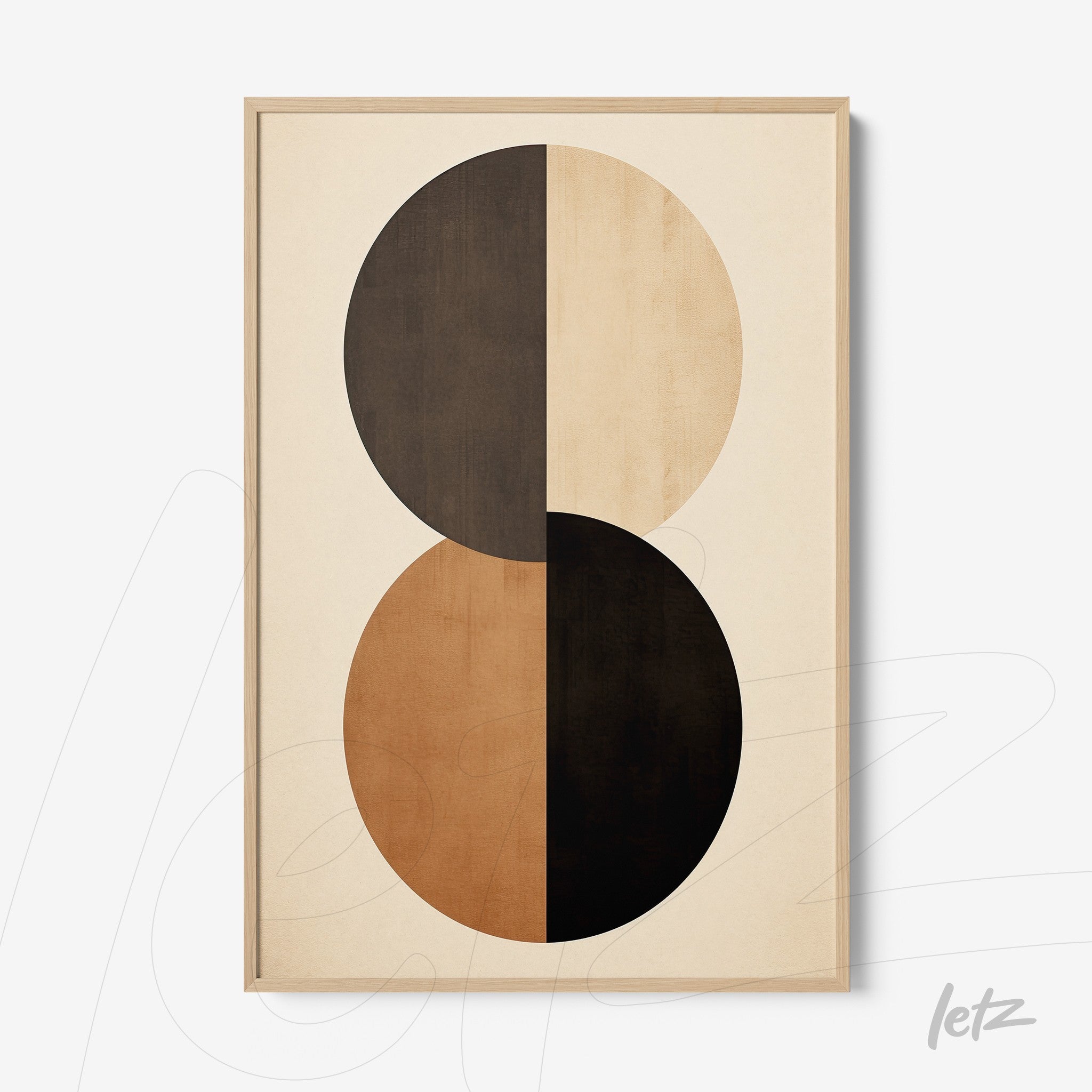 abstract wall art in earthy tones featuring two circular shapes on a light background with a light wood frame