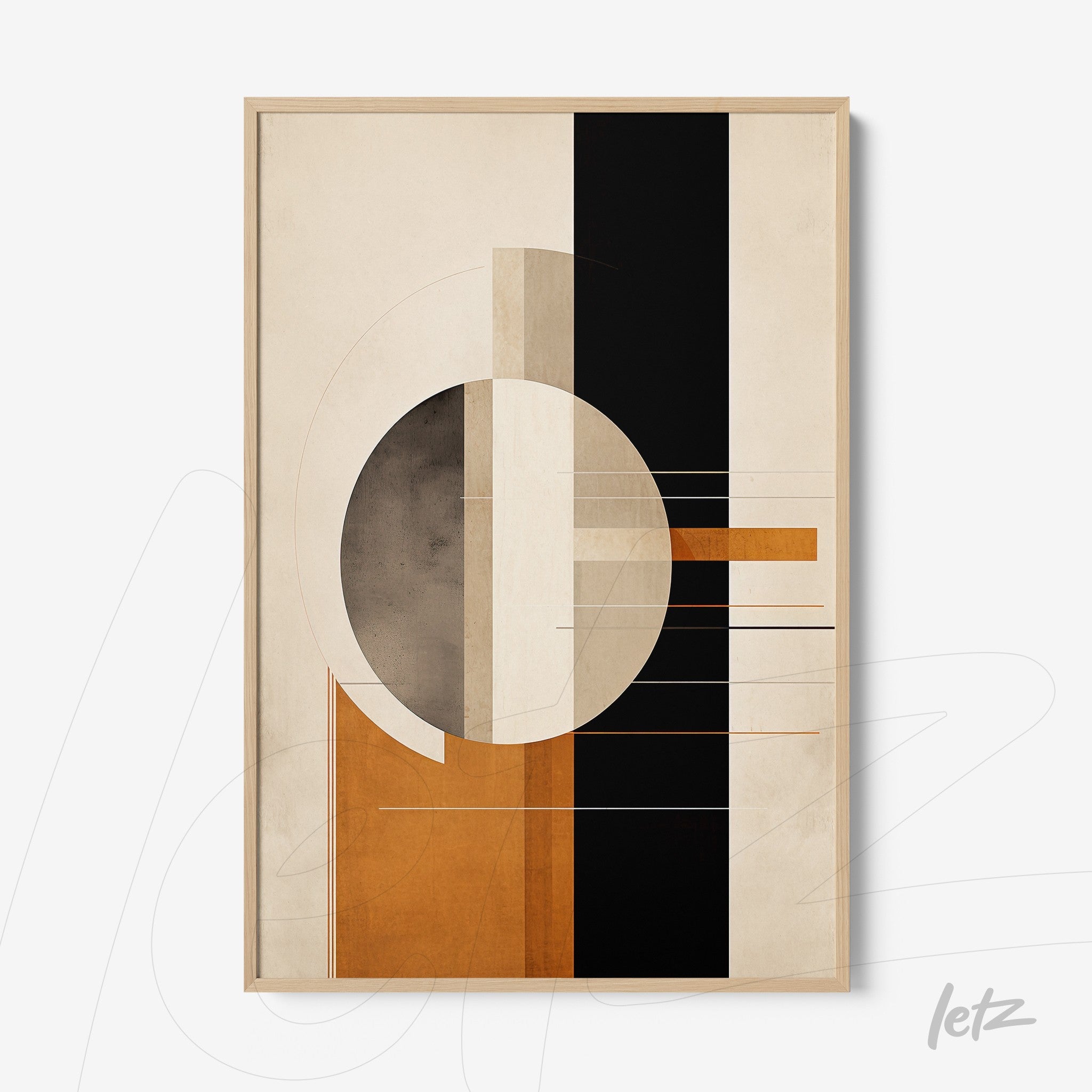 abstract wall art in shades of orange, black, and beige featuring prominent geometric shapes framed in light wood