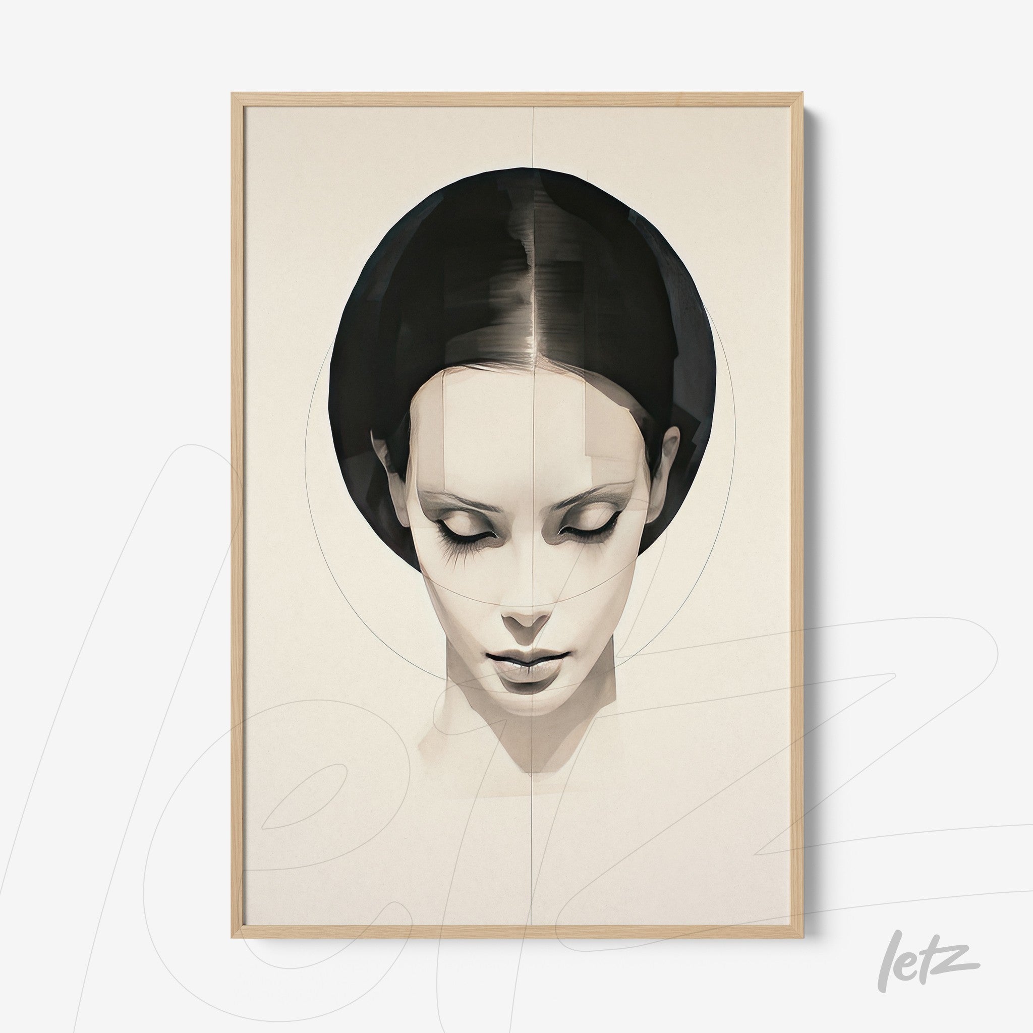 abstract wall art featuring a female portrait in a light frame, subtle circles on a neutral background