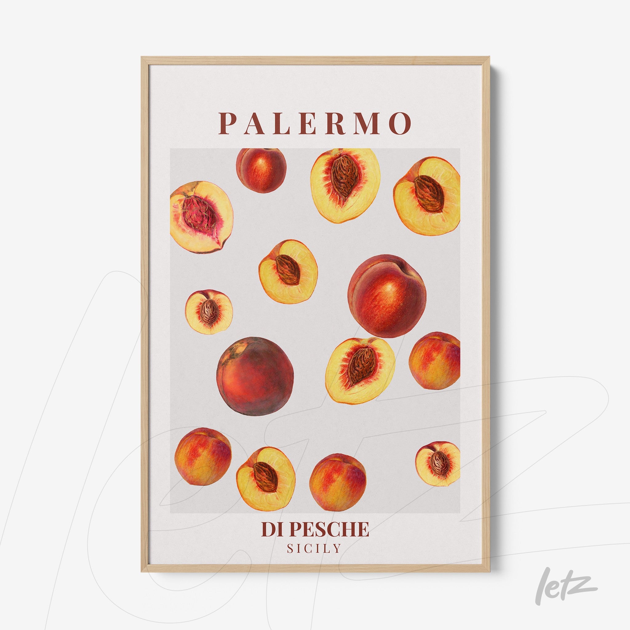 framed art of peaches illustration on light gray background with light wood frame