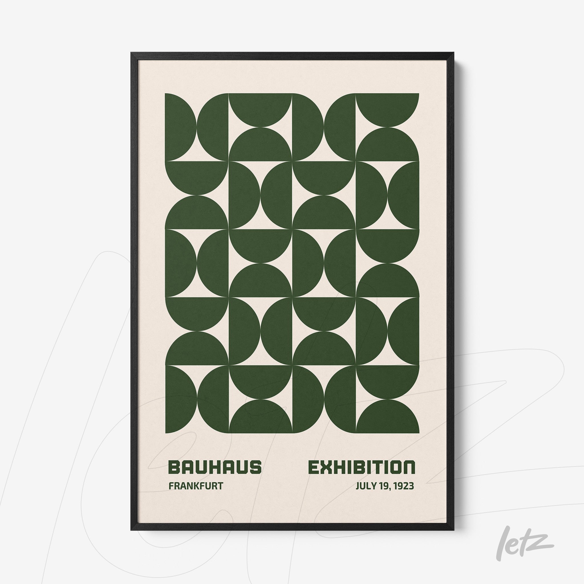 poster with green geometric Bauhaus style design in black frame