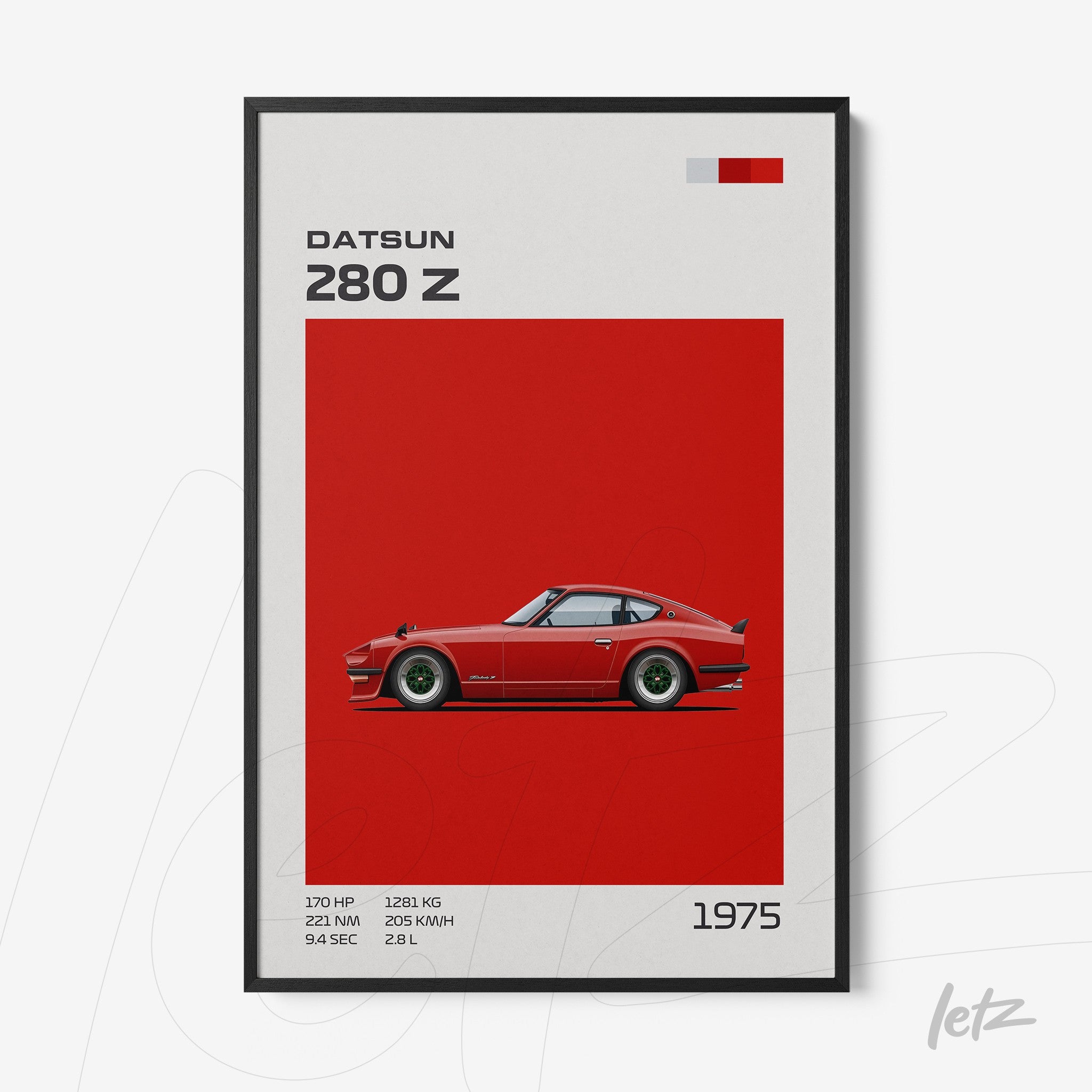 framed artwork of Datsun 280 Z car illustration on vibrant red background with black frame