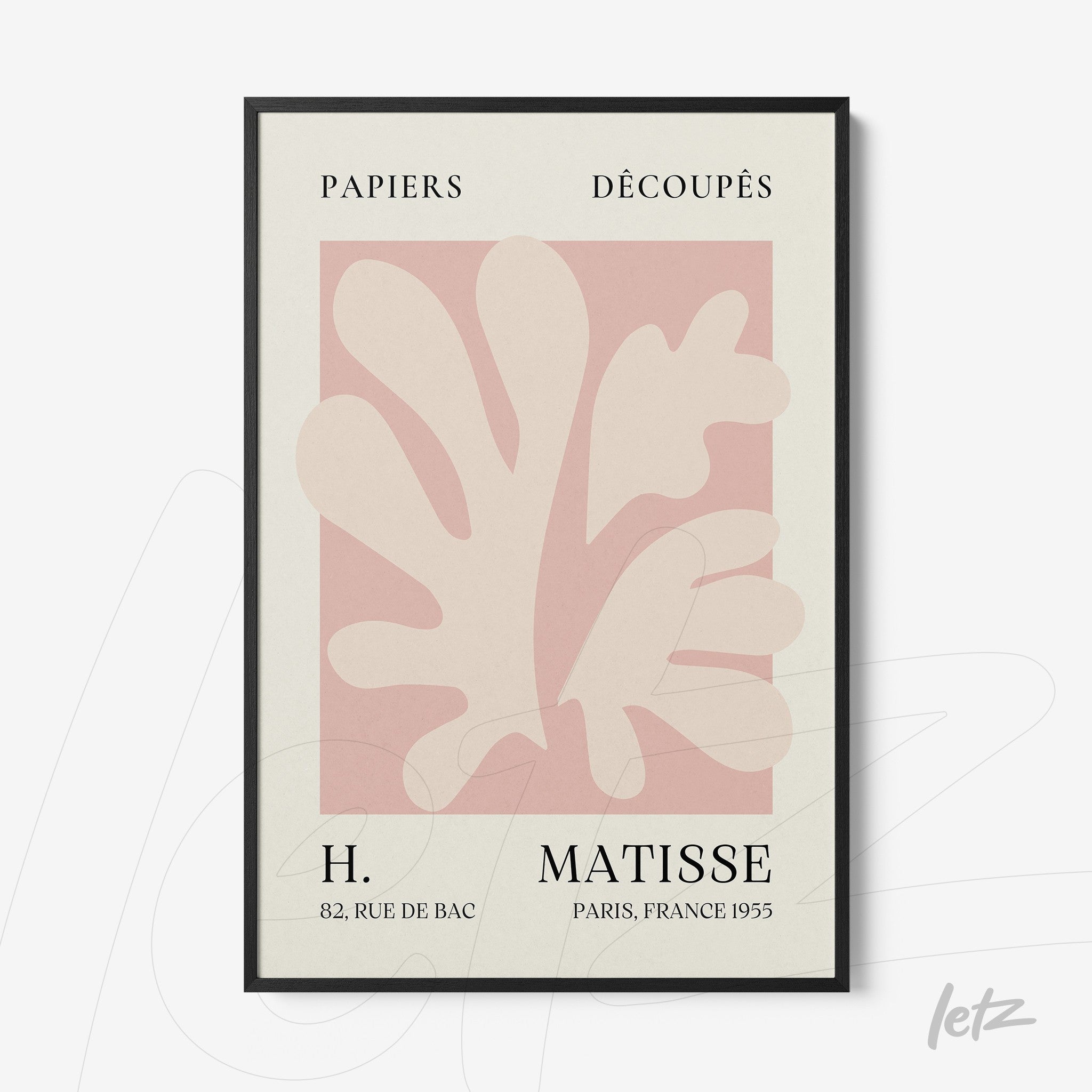 framed artwork featuring abstract organic shapes on pink background with stylized text