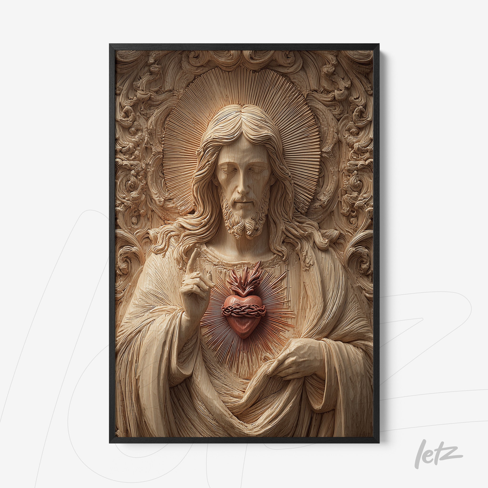 framed artwork of the Sacred Heart of Jesus in intricate relief with black frame