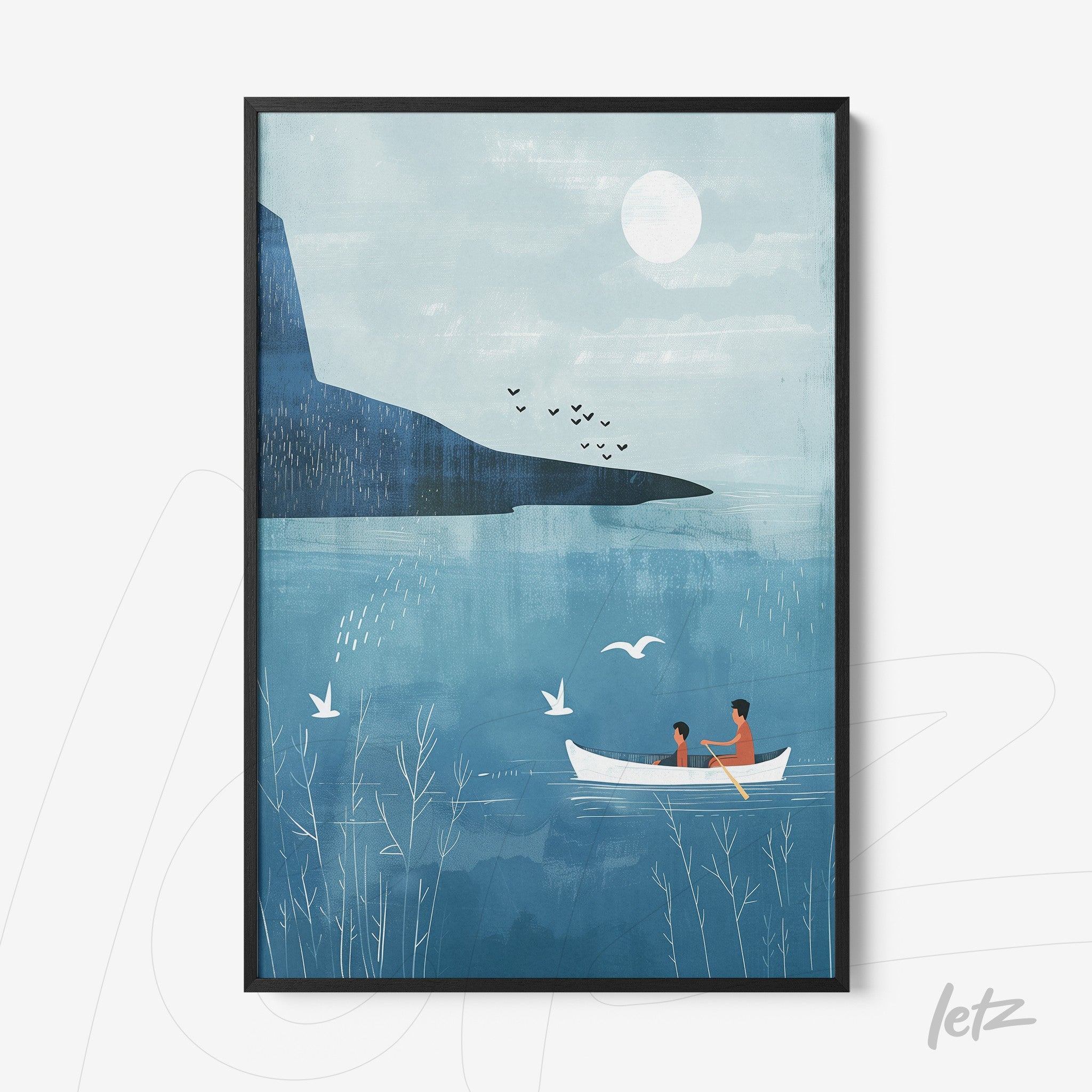 framed artwork featuring a minimalist illustration of a couple in a boat on a lake with a blue sky, mountain in the background, and flying birds