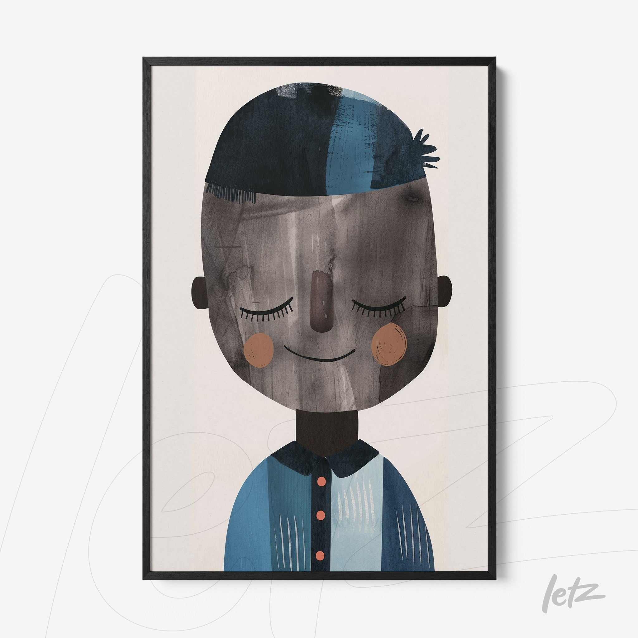 framed art print featuring a smiling boy with blue hair, neutral background and black frame