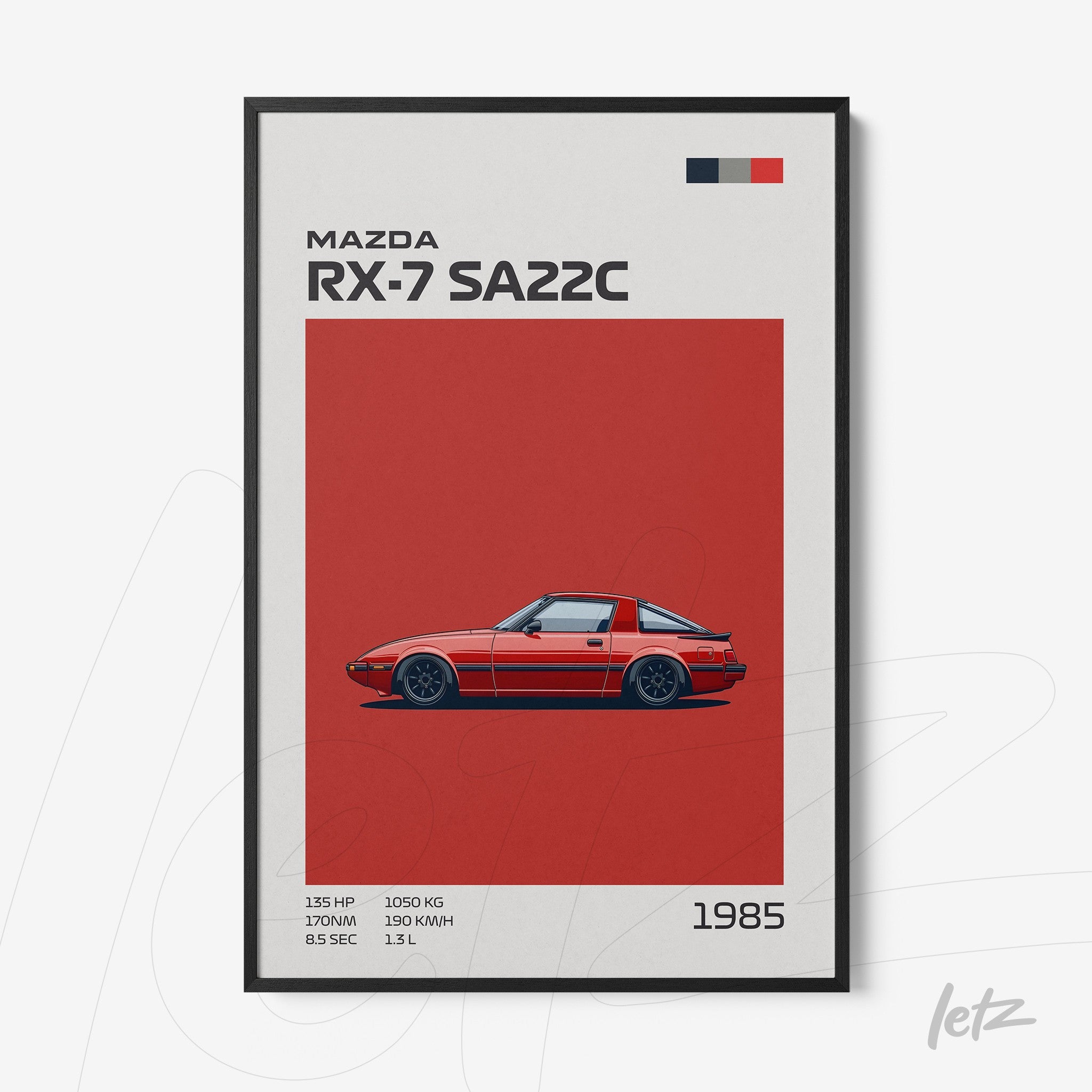 framed art featuring a 1985 Mazda RX-7 SA22C illustration against a red background
