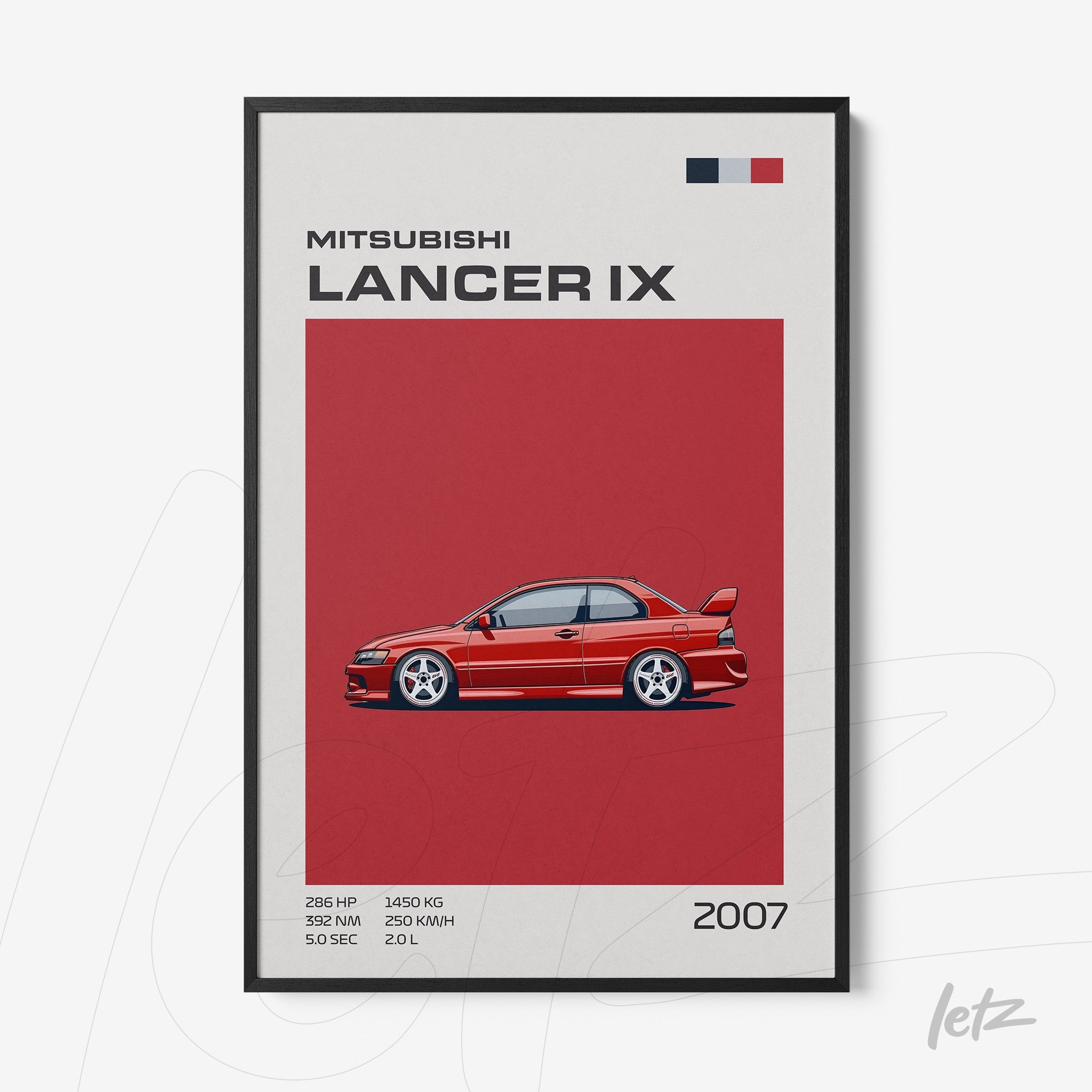 framed artwork of Mitsubishi Lancer IX on red background with black frame