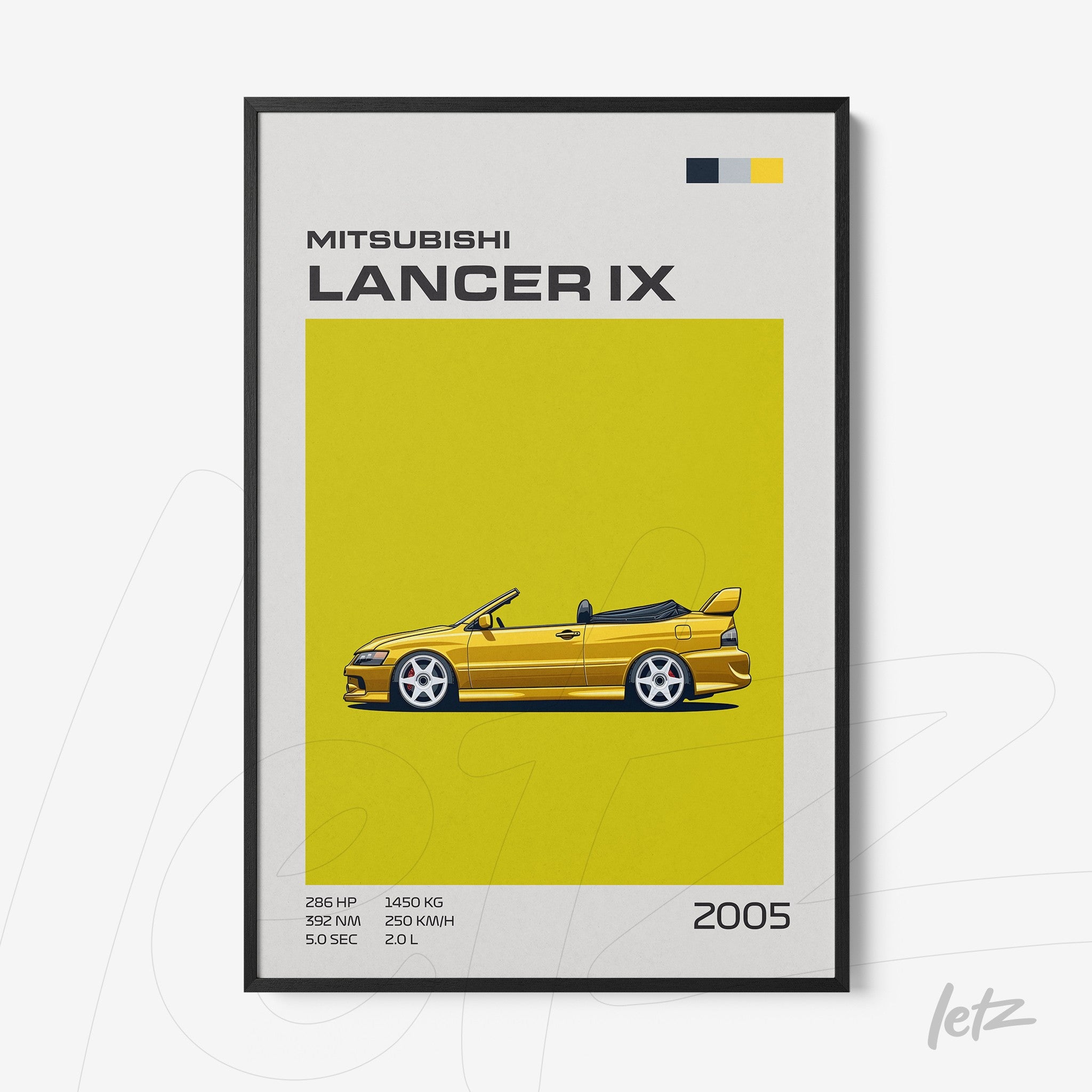 framed artwork featuring illustration of Mitsubishi Lancer IX on yellow background with thin black frame