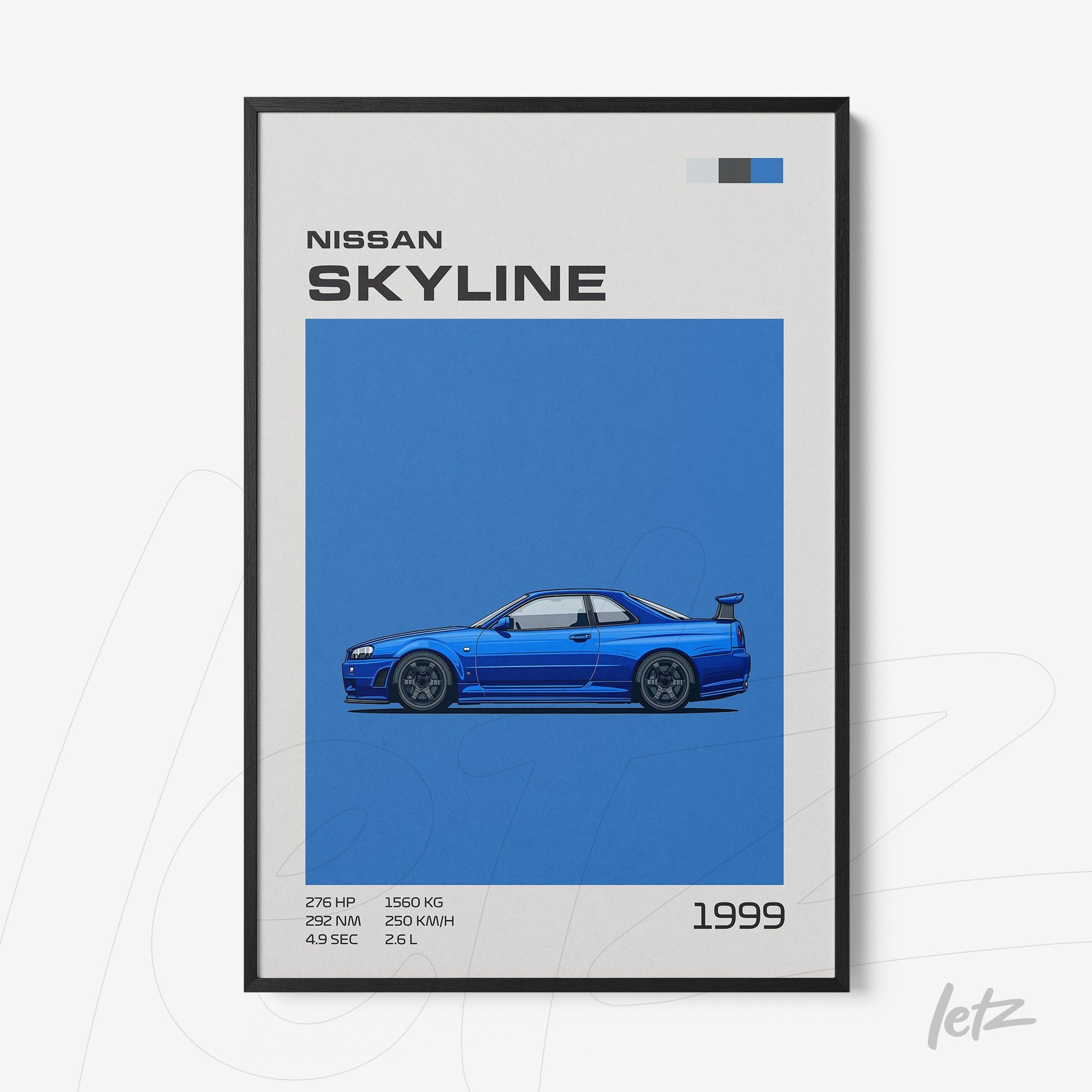 framed minimalist artwork of 1999 Nissan Skyline car in blue backdrop