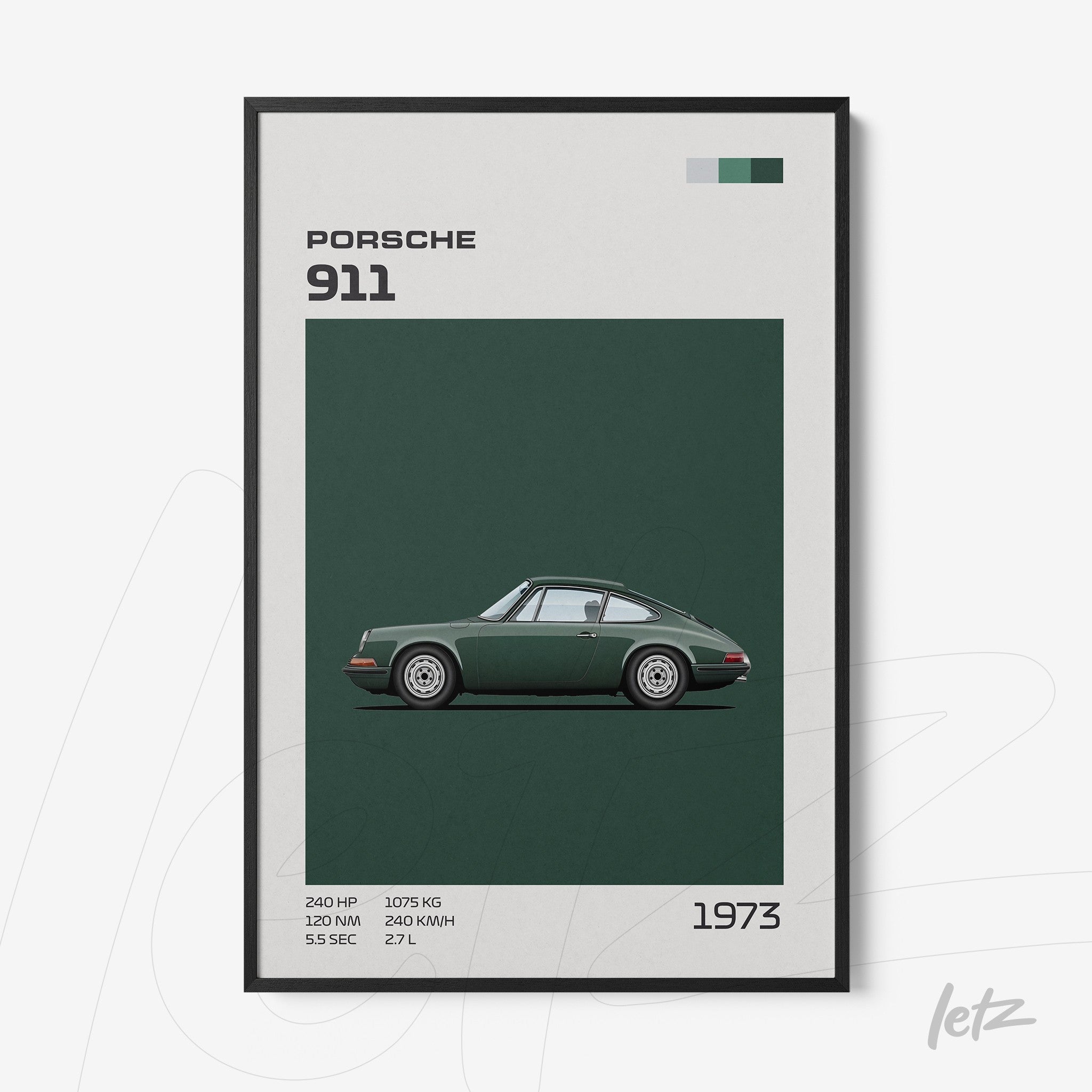 framed wall art featuring minimalist illustration of 1973 Porsche 911 in black frame
