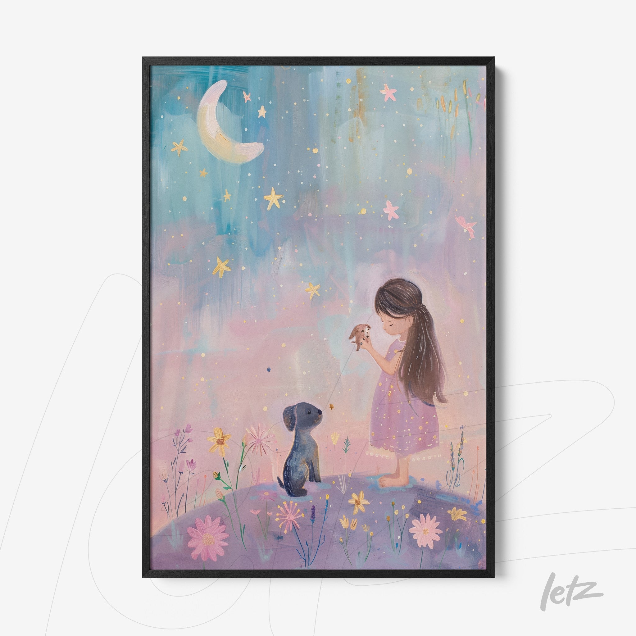 framed wall art featuring a girl in a pink dress holding a small bird beside a dog against a soft blue and lilac background