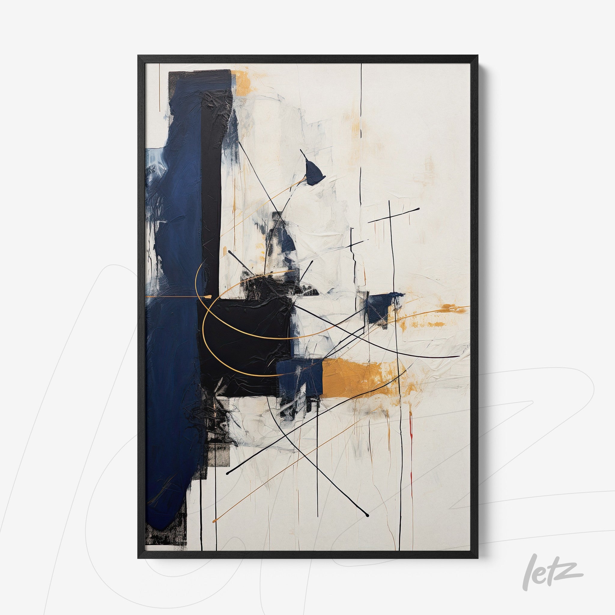 abstract wall art featuring dominant blue tones and golden accents with a black frame