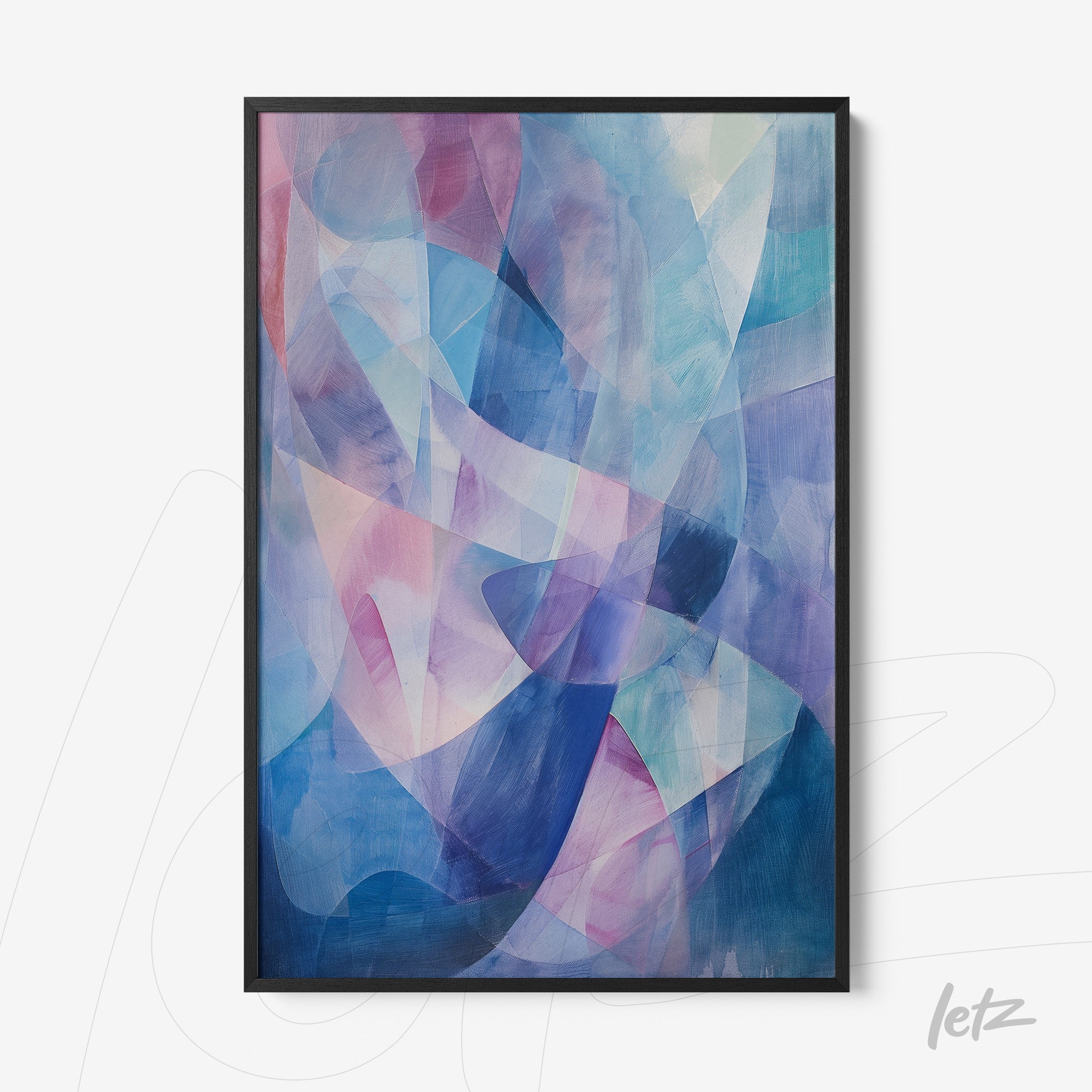 framed abstract art piece in shades of blue and pink with a black frame