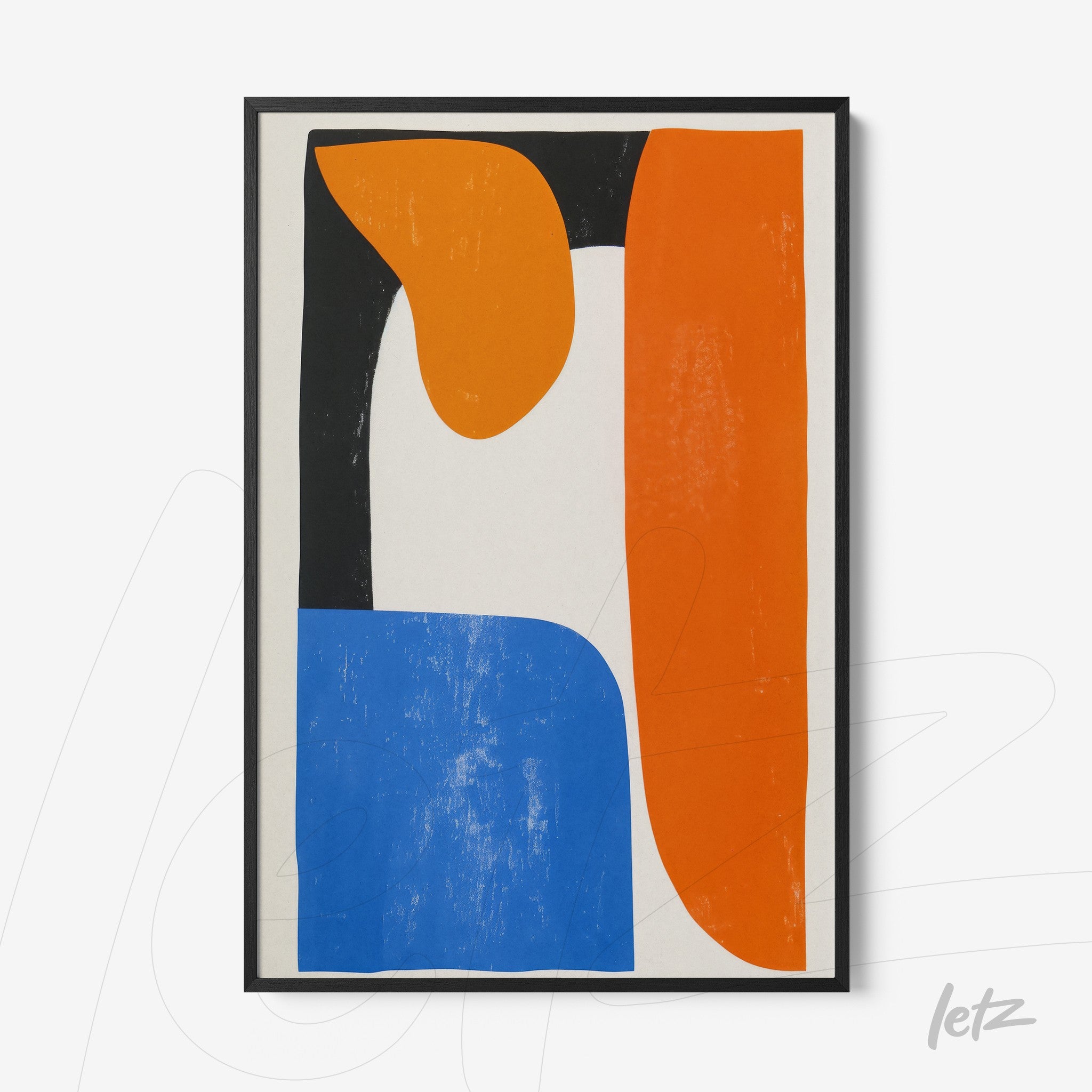 framed abstract wall art featuring vibrant colors including orange, blue, and black