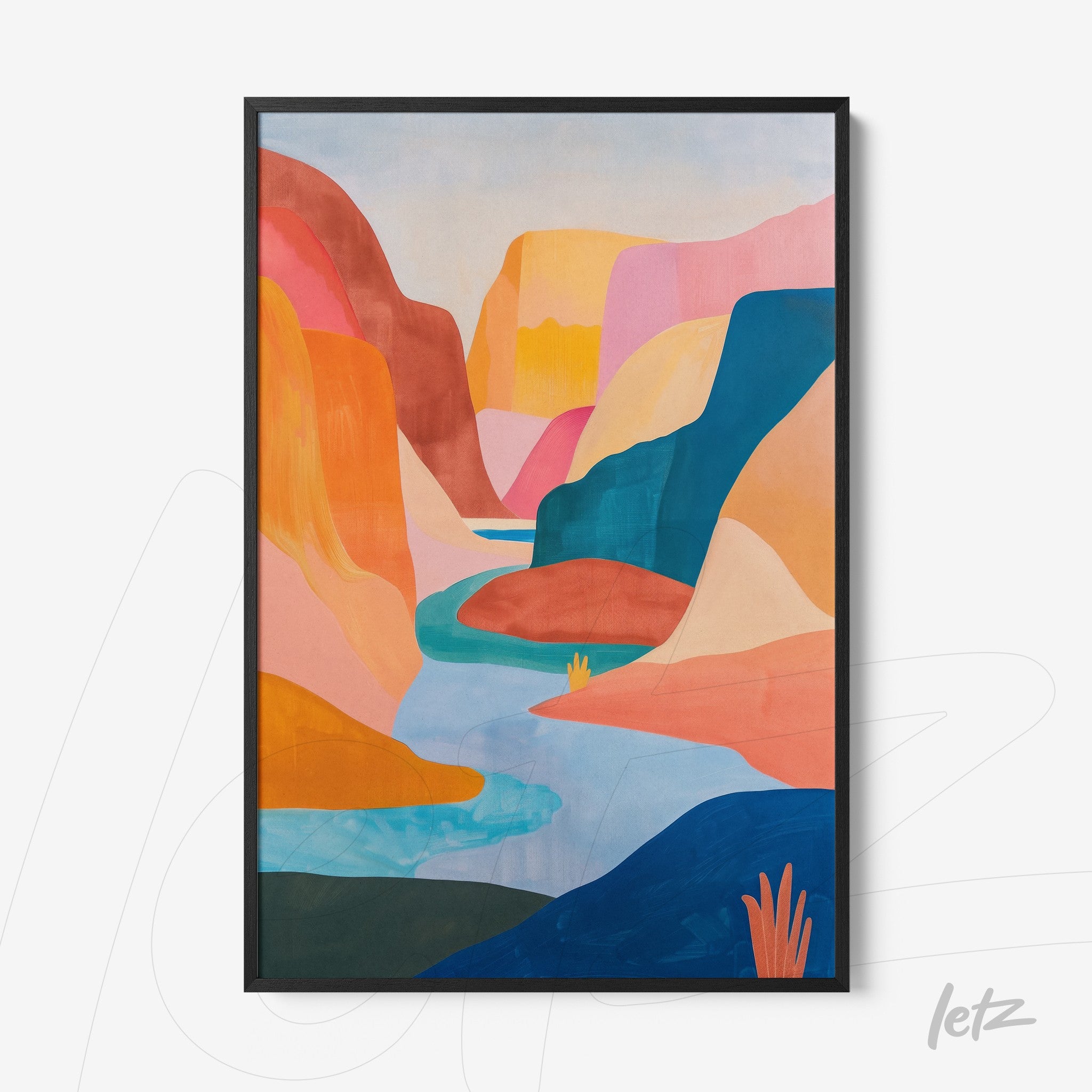 framed artwork of an abstract landscape featuring vibrant colors and a flowing river
