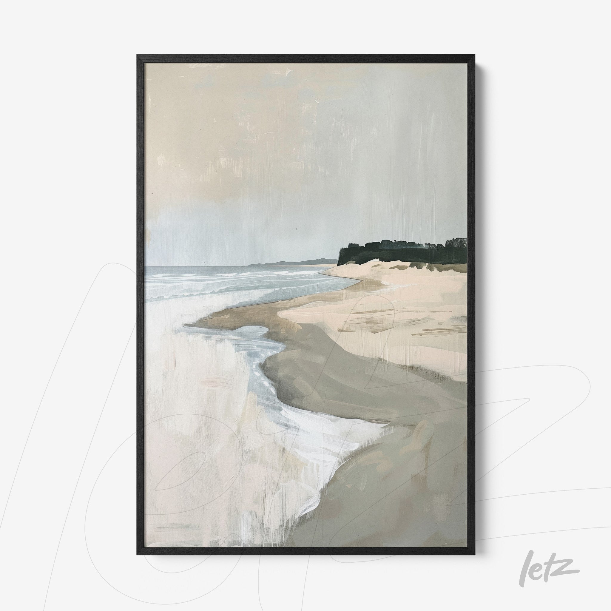 framed abstract art of a deserted beach highlighting soft sand and gentle water