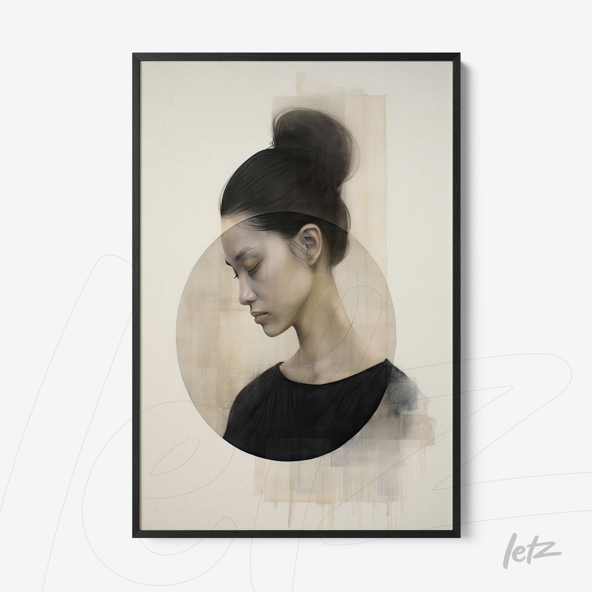 framed artwork featuring a serene female portrait in neutral tones with overlapping circles and abstract background