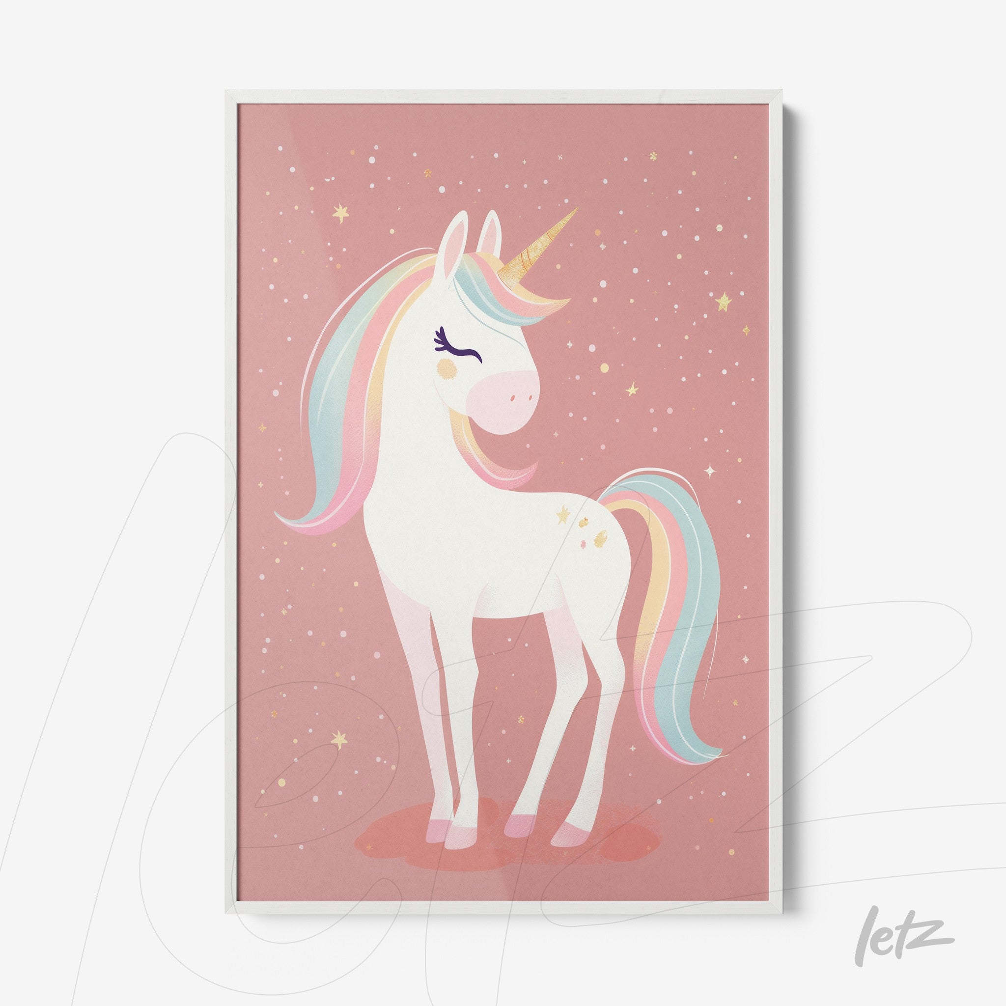 framed art featuring a unicorn illustration on a pink starry background with white frame