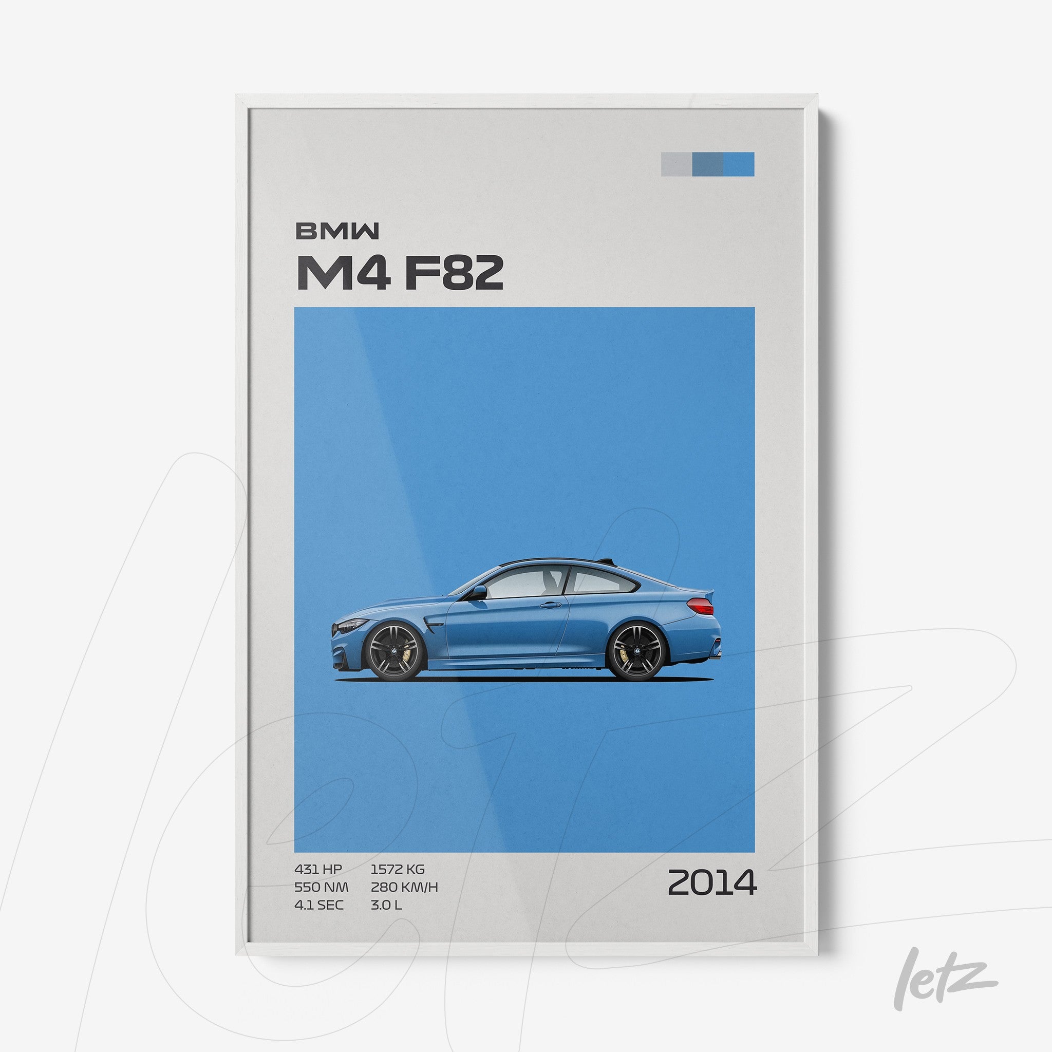 framed minimalistic artwork of BMW M4 F82 car on blue background featuring technical details and white frame