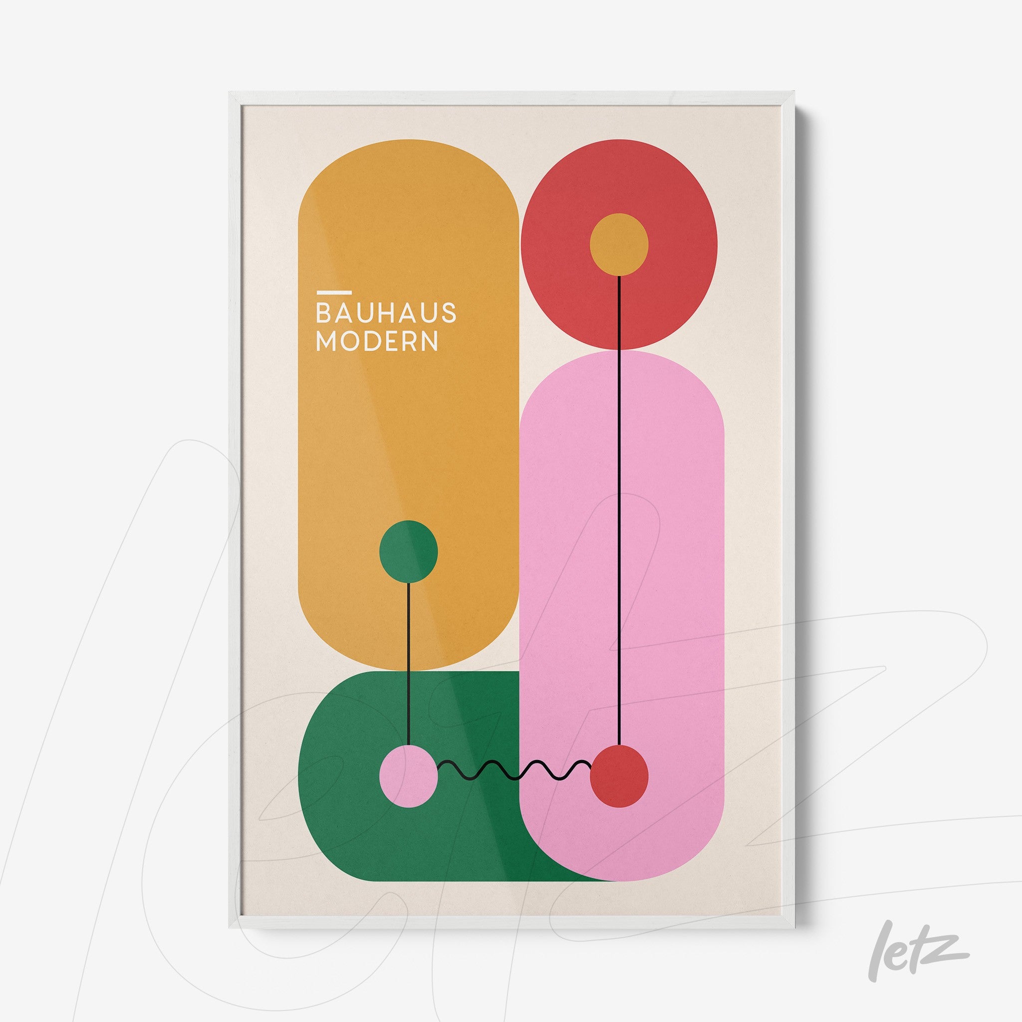 poster featuring colorful geometric shapes in modern bauhaus style with white frame