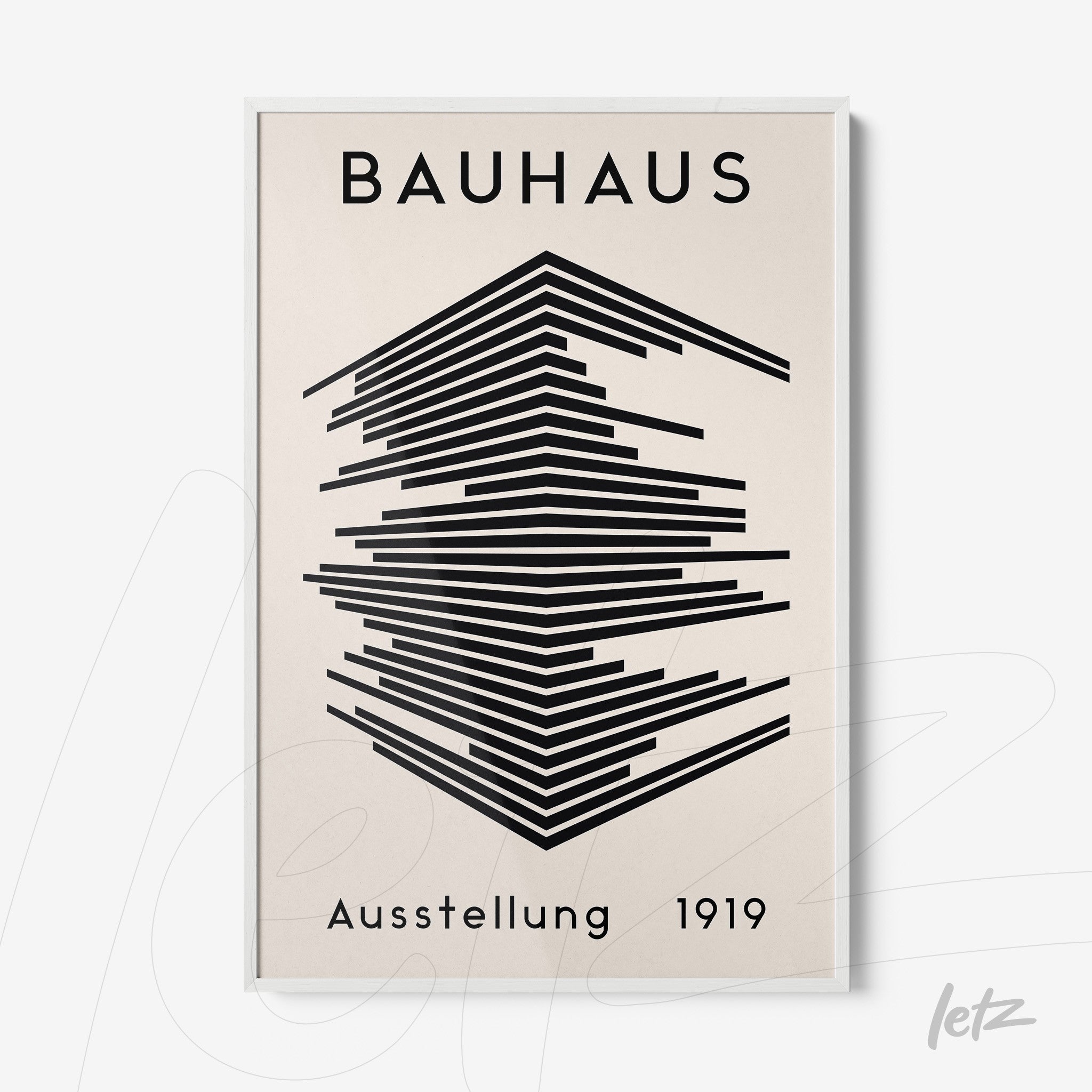 poster with geometric black design on light beige background in white frame