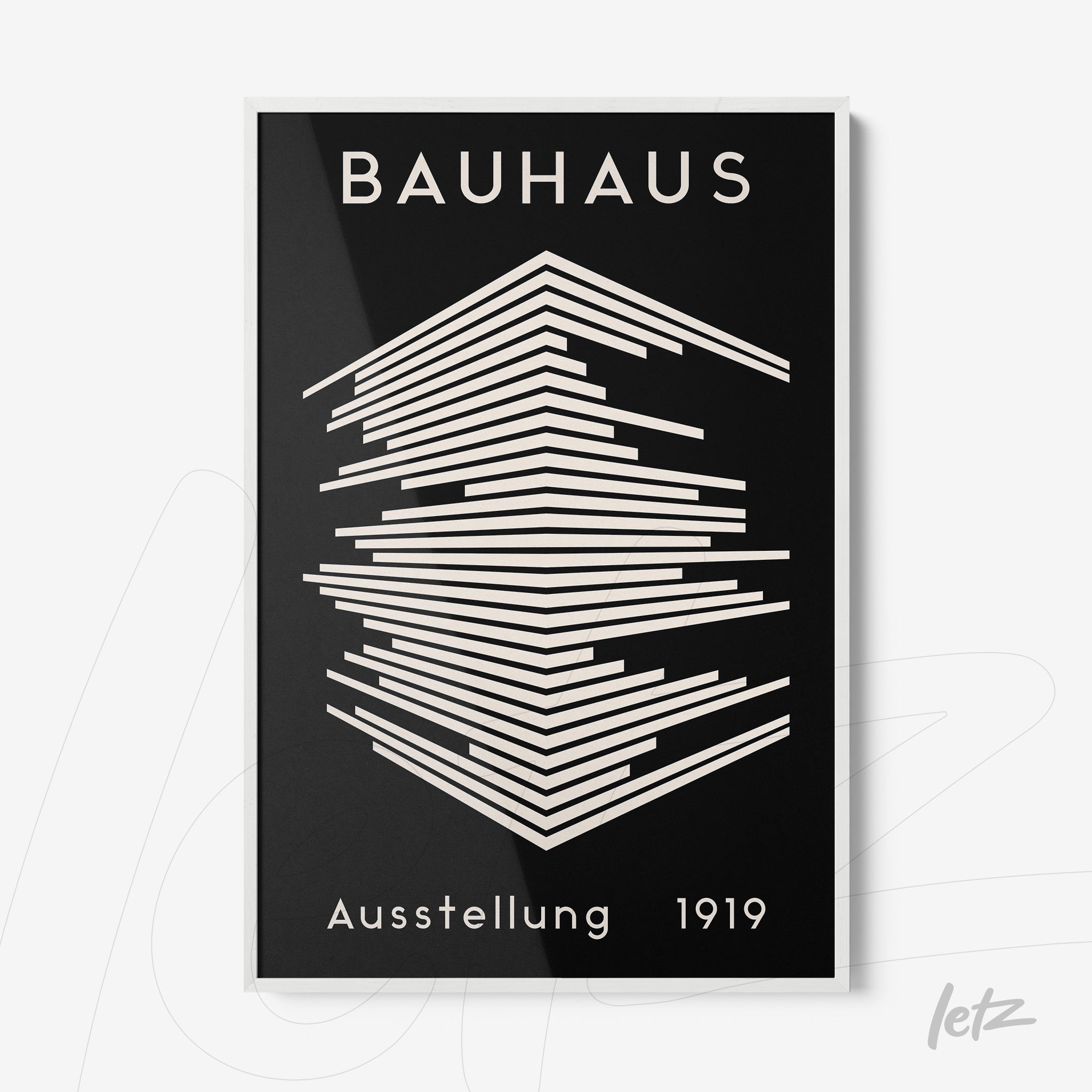 poster featuring geometric Bauhaus style art displayed in white frame