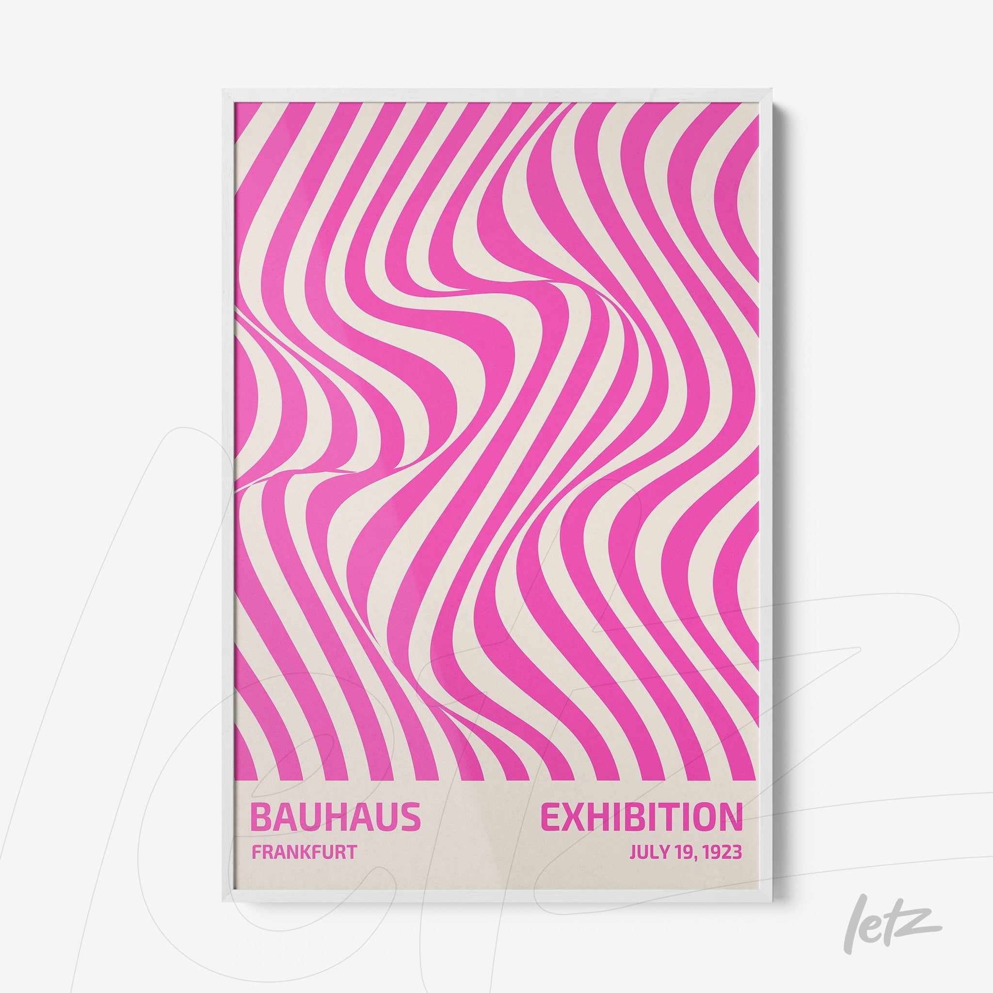bauhaus style poster with pink and white wavy pattern in white frame