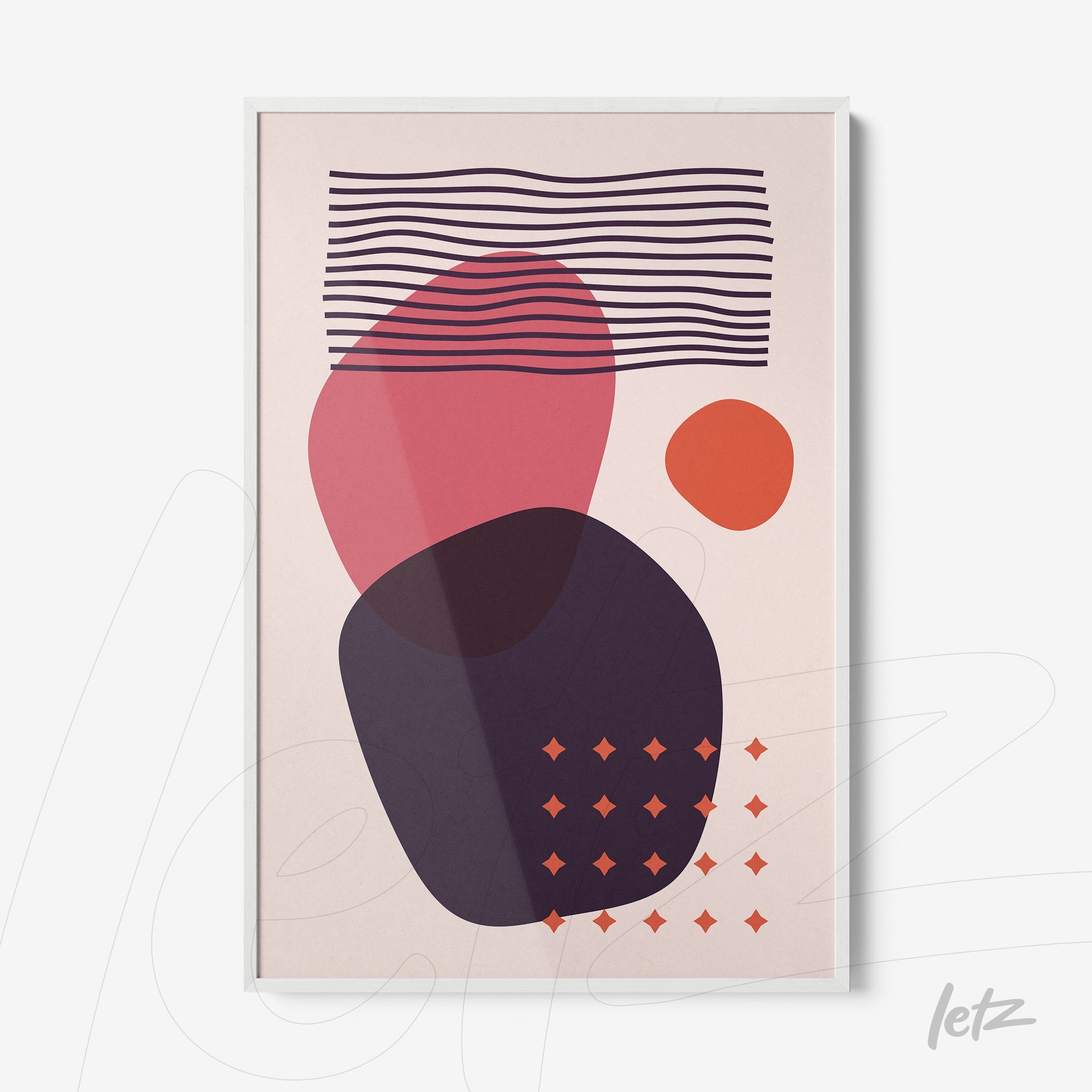 abstract art with geometric shapes and lines on beige background, framed in white
