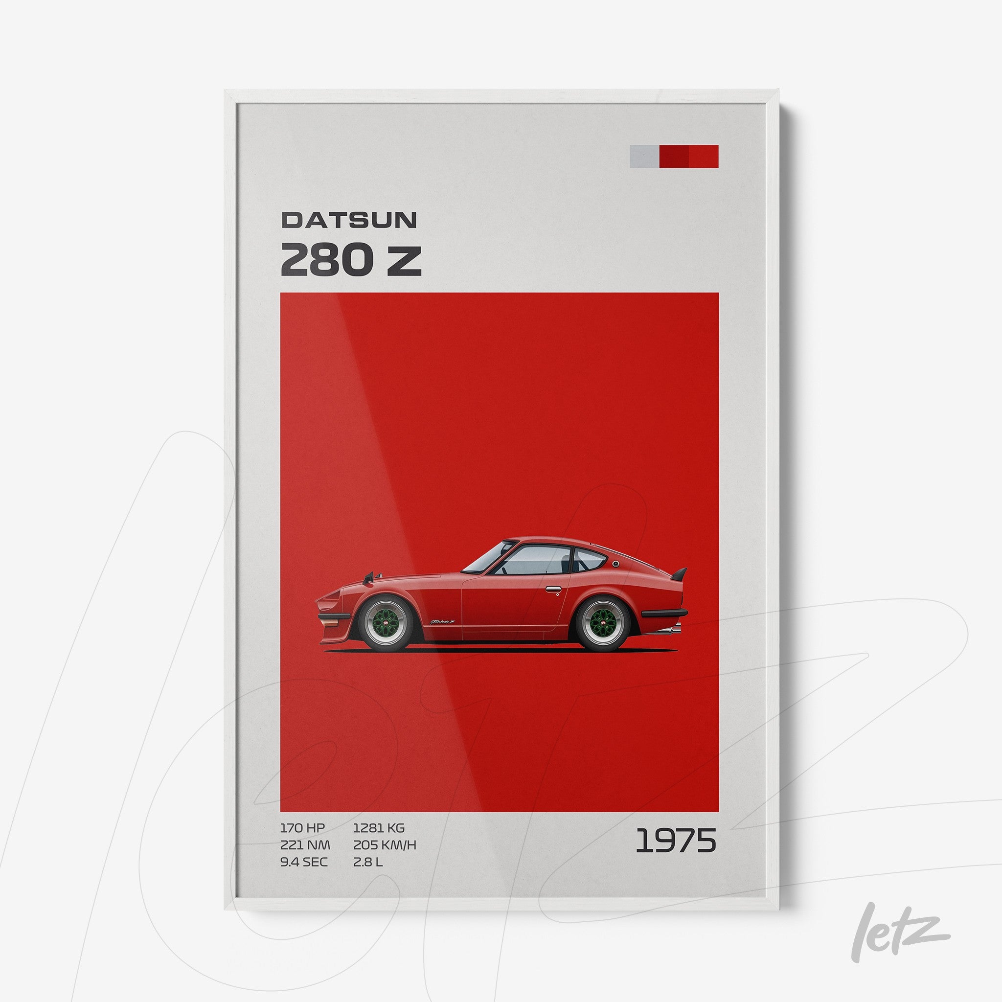 framed art piece featuring an illustration of a Datsun 280 Z against a vibrant red background with white frame
